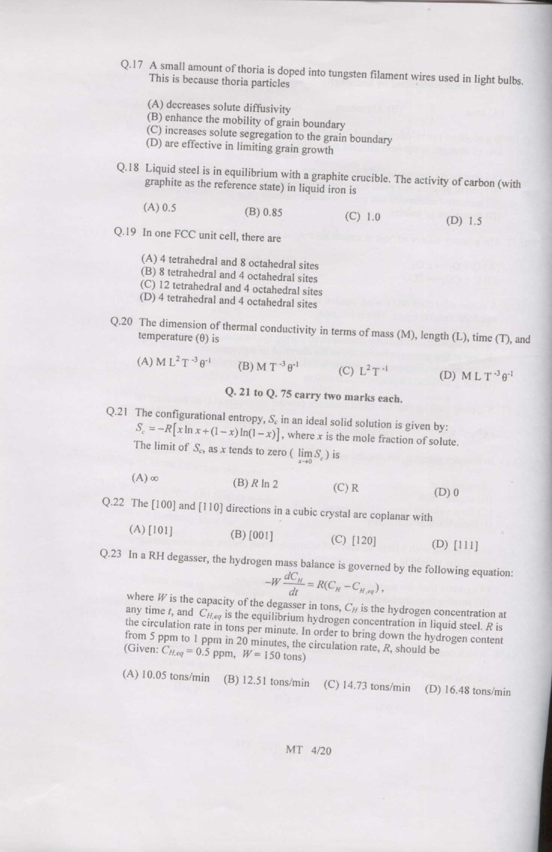 GATE Exam Question Paper 2007 Metallurgical Engineering 4