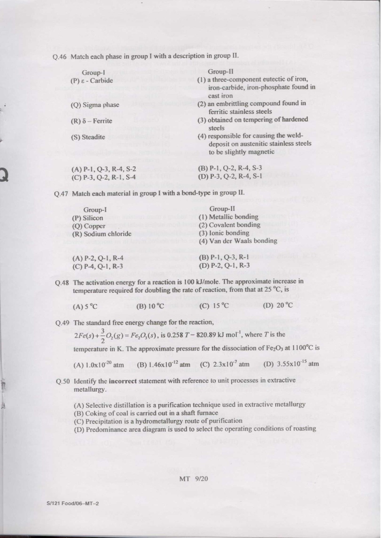 GATE Exam Question Paper 2007 Metallurgical Engineering 9