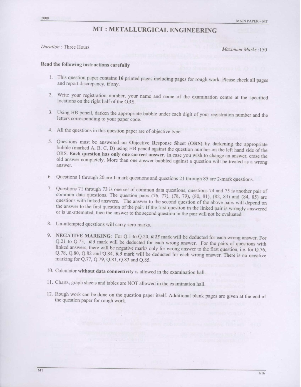 GATE Exam Question Paper 2008 Metallurgical Engineering 1