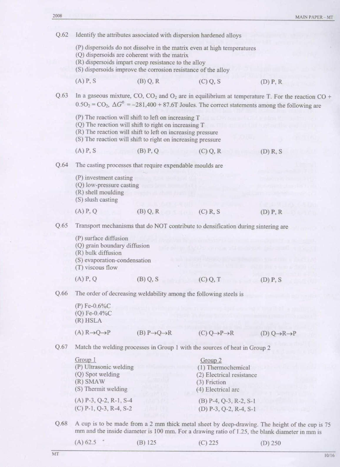 GATE Exam Question Paper 2008 Metallurgical Engineering 10