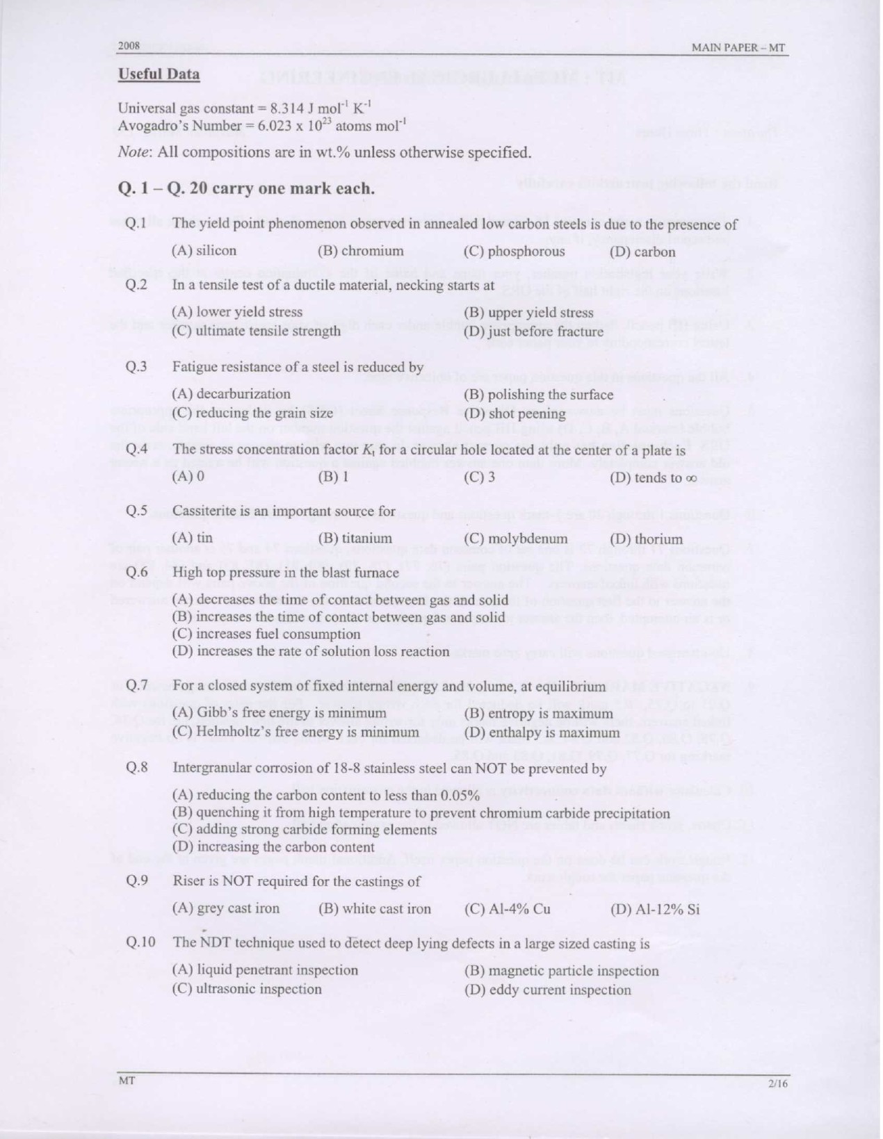GATE Exam Question Paper 2008 Metallurgical Engineering 2