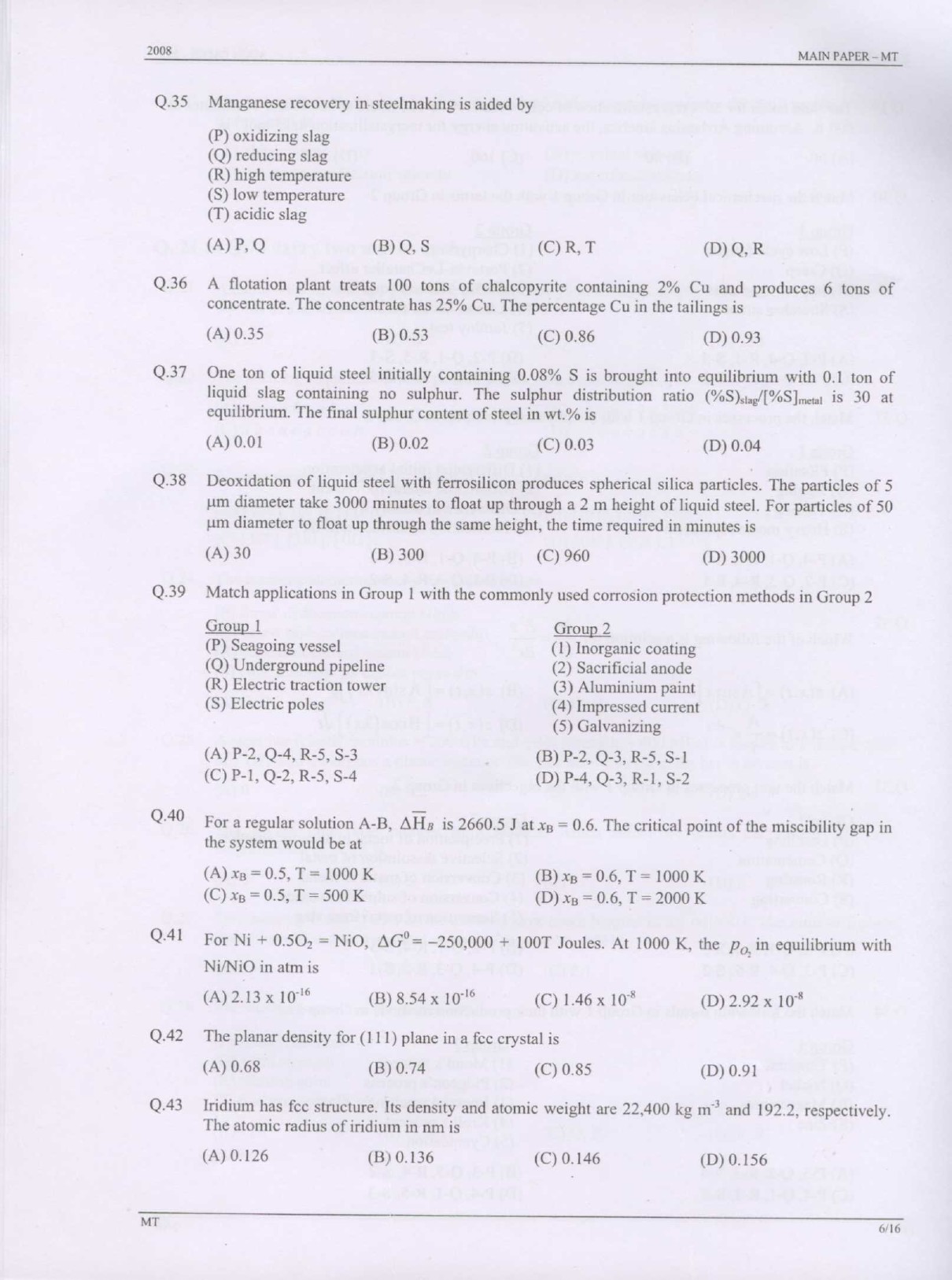 GATE Exam Question Paper 2008 Metallurgical Engineering 6