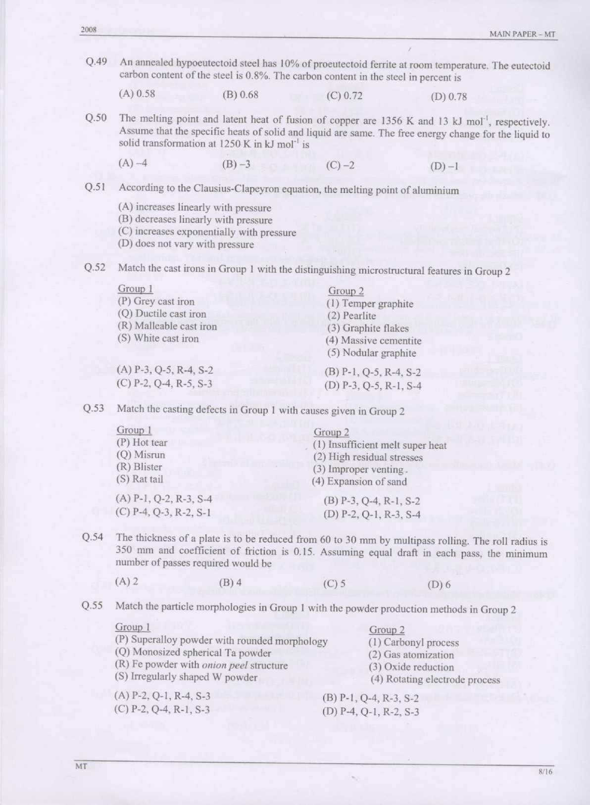 GATE Exam Question Paper 2008 Metallurgical Engineering 8
