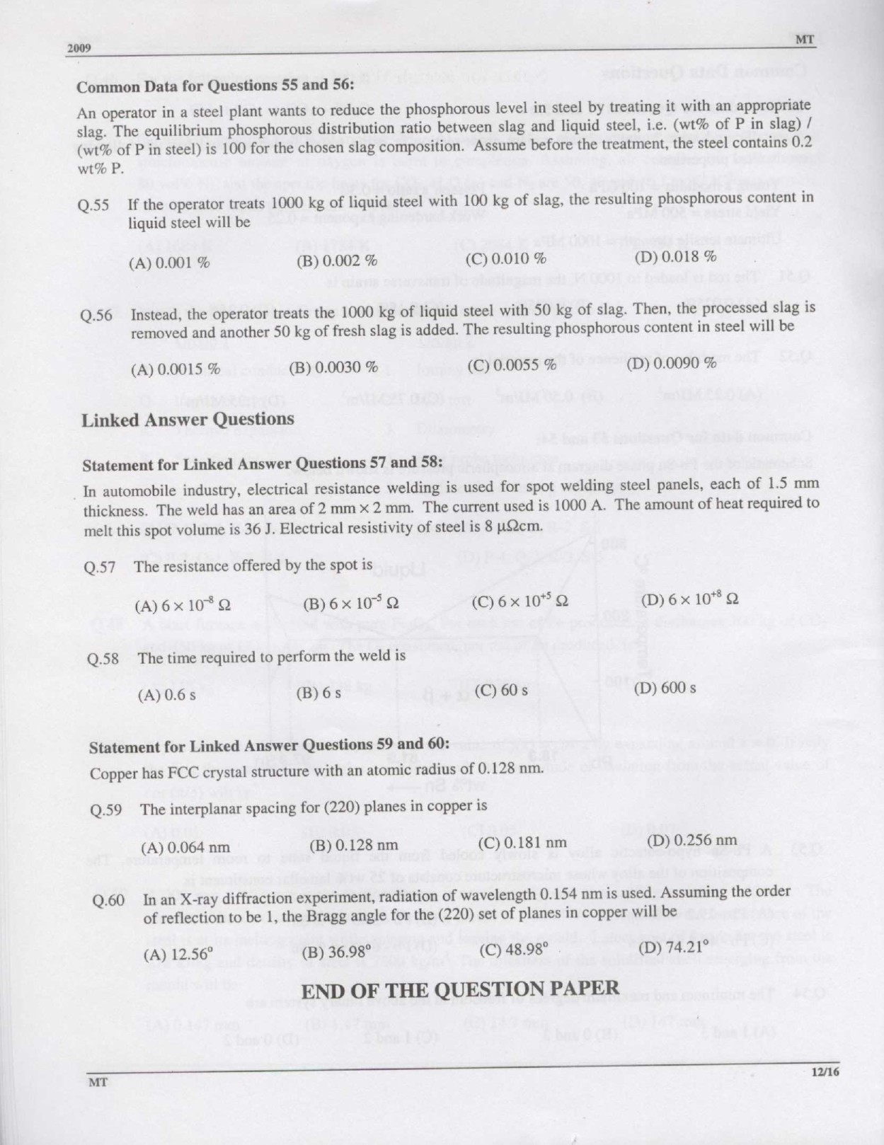 GATE Exam Question Paper 2009 Metallurgical Engineering 12