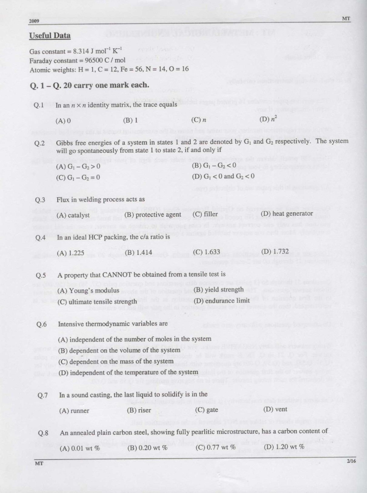 GATE Exam Question Paper 2009 Metallurgical Engineering 2