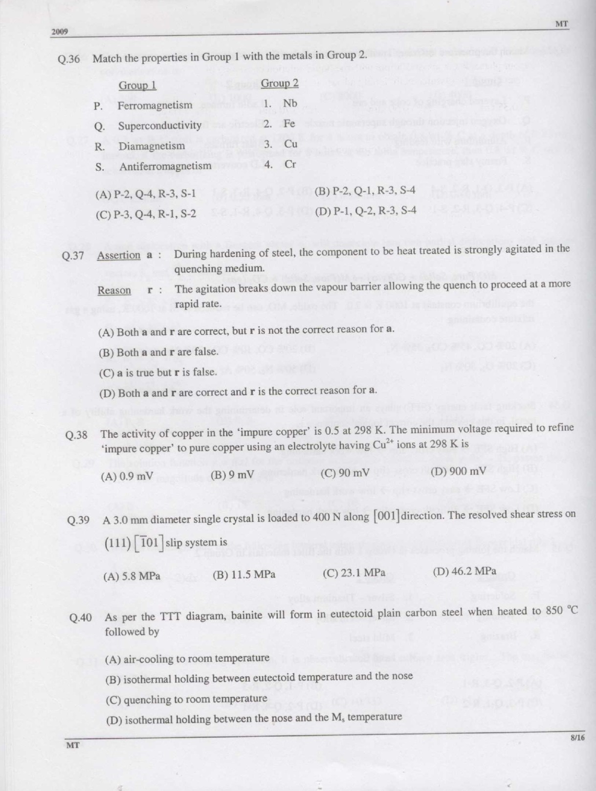 GATE Exam Question Paper 2009 Metallurgical Engineering 8