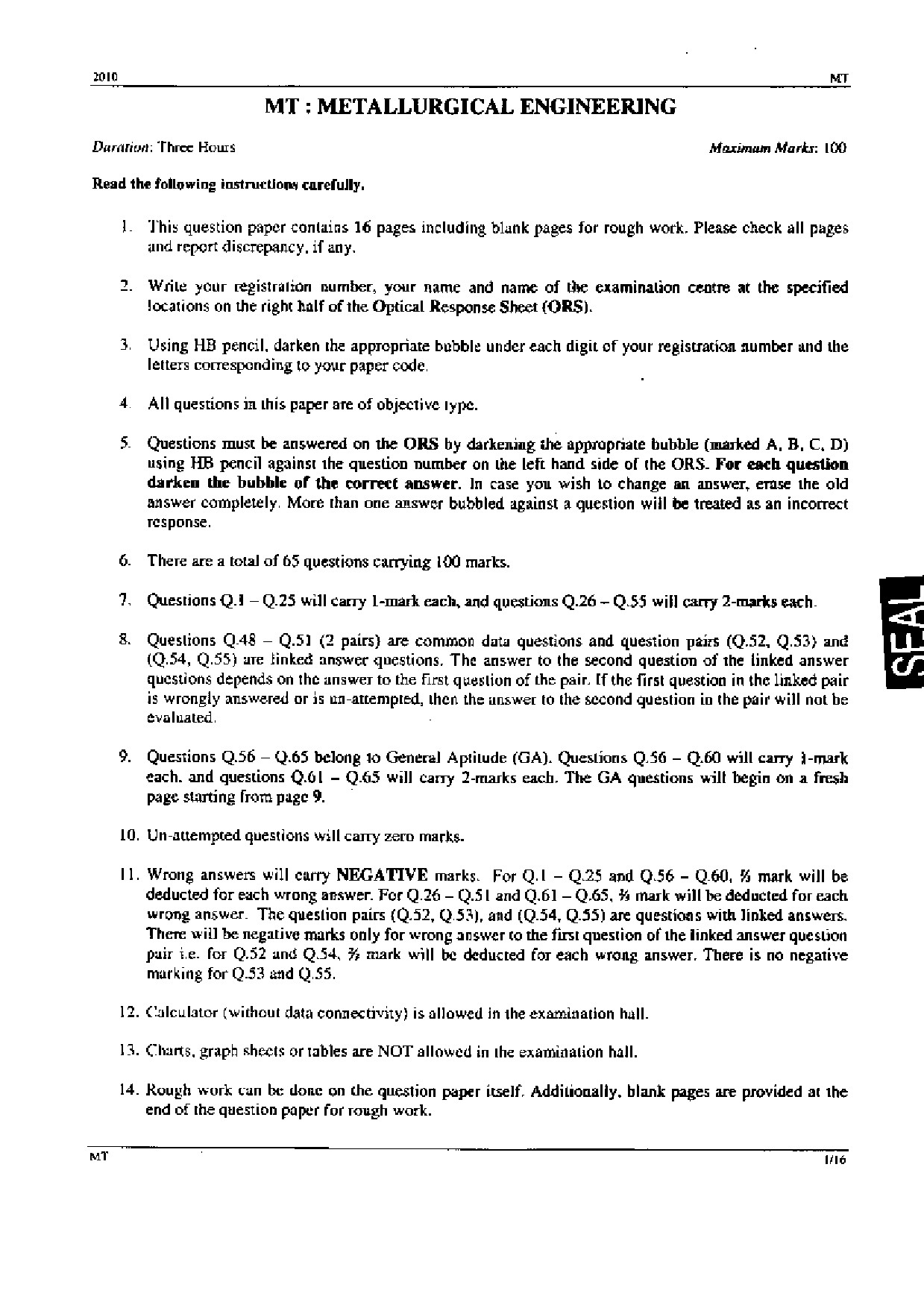 GATE Exam Question Paper 2010 Metallurgical Engineering 1