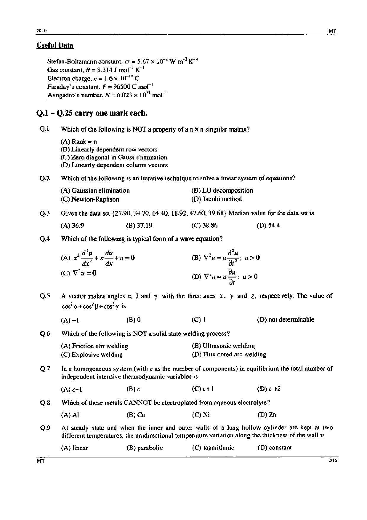 GATE Exam Question Paper 2010 Metallurgical Engineering 2