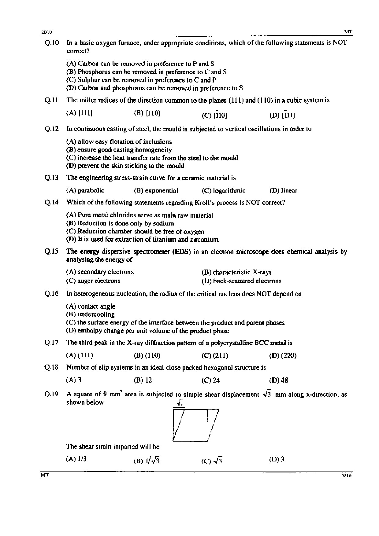GATE Exam Question Paper 2010 Metallurgical Engineering 3
