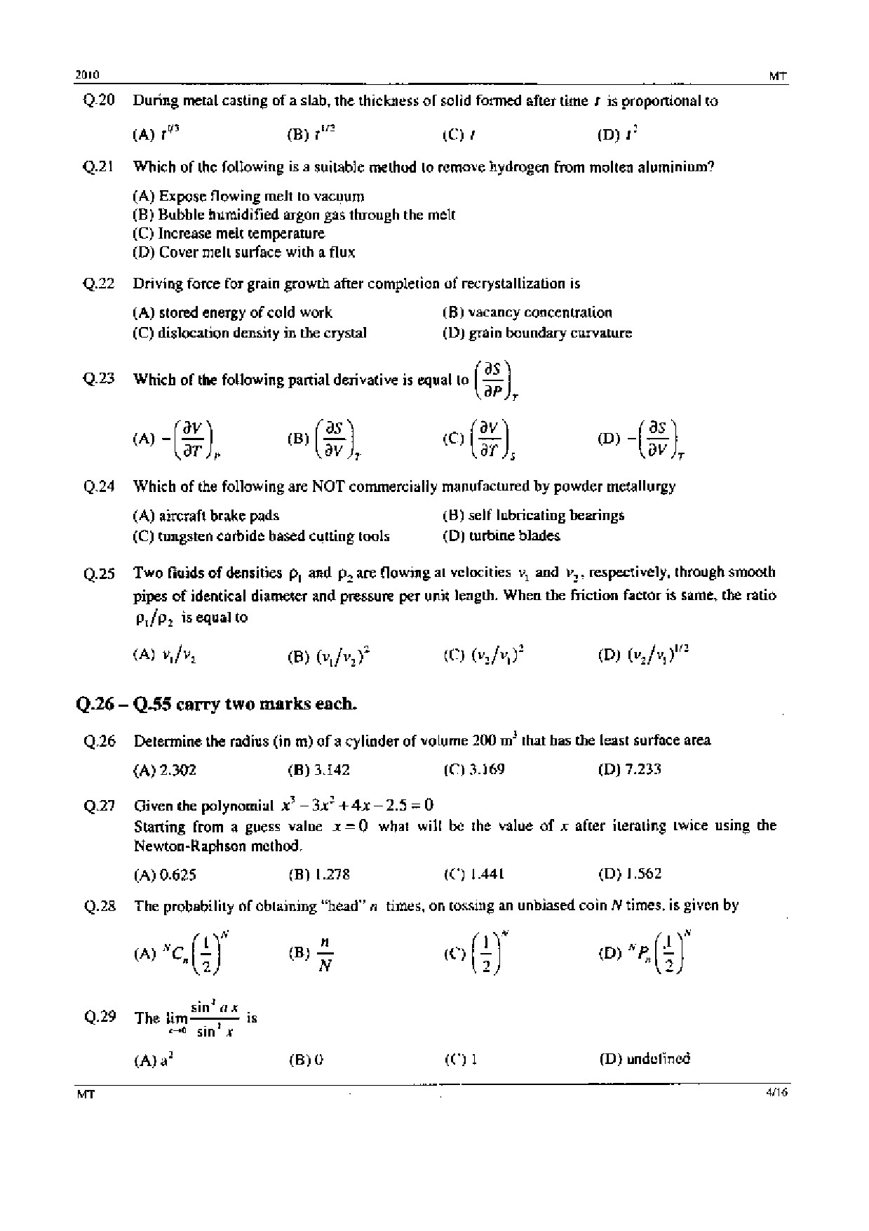 GATE Exam Question Paper 2010 Metallurgical Engineering 4