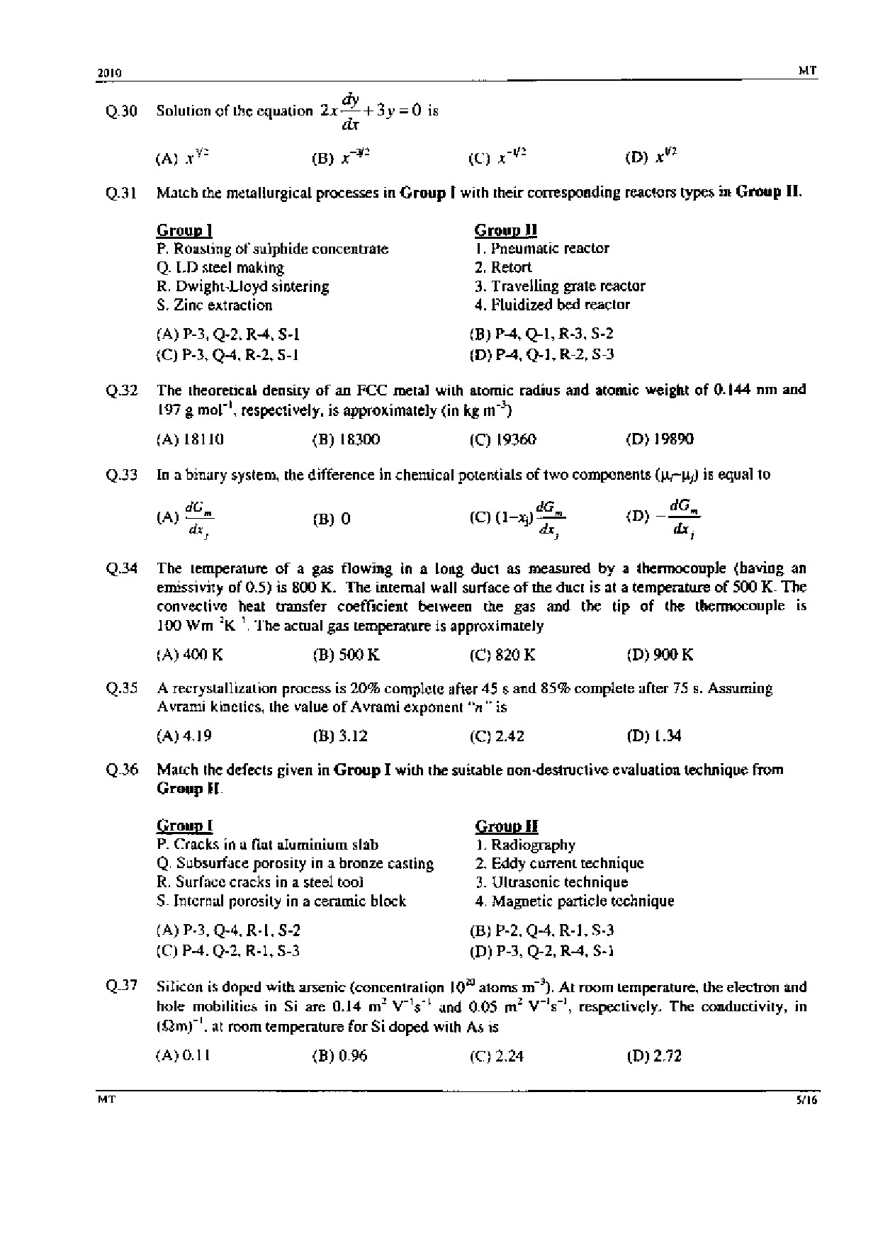 GATE Exam Question Paper 2010 Metallurgical Engineering 5