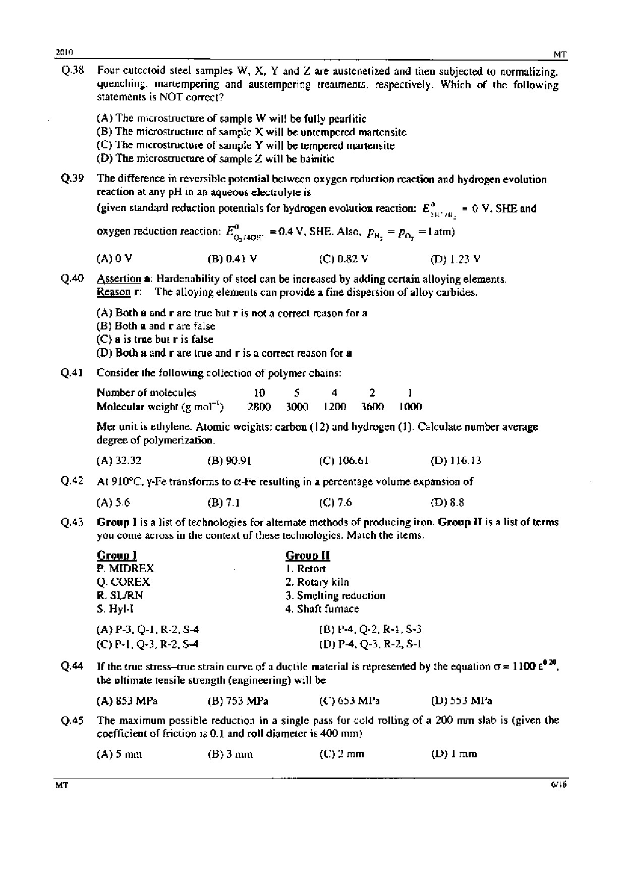 GATE Exam Question Paper 2010 Metallurgical Engineering 6
