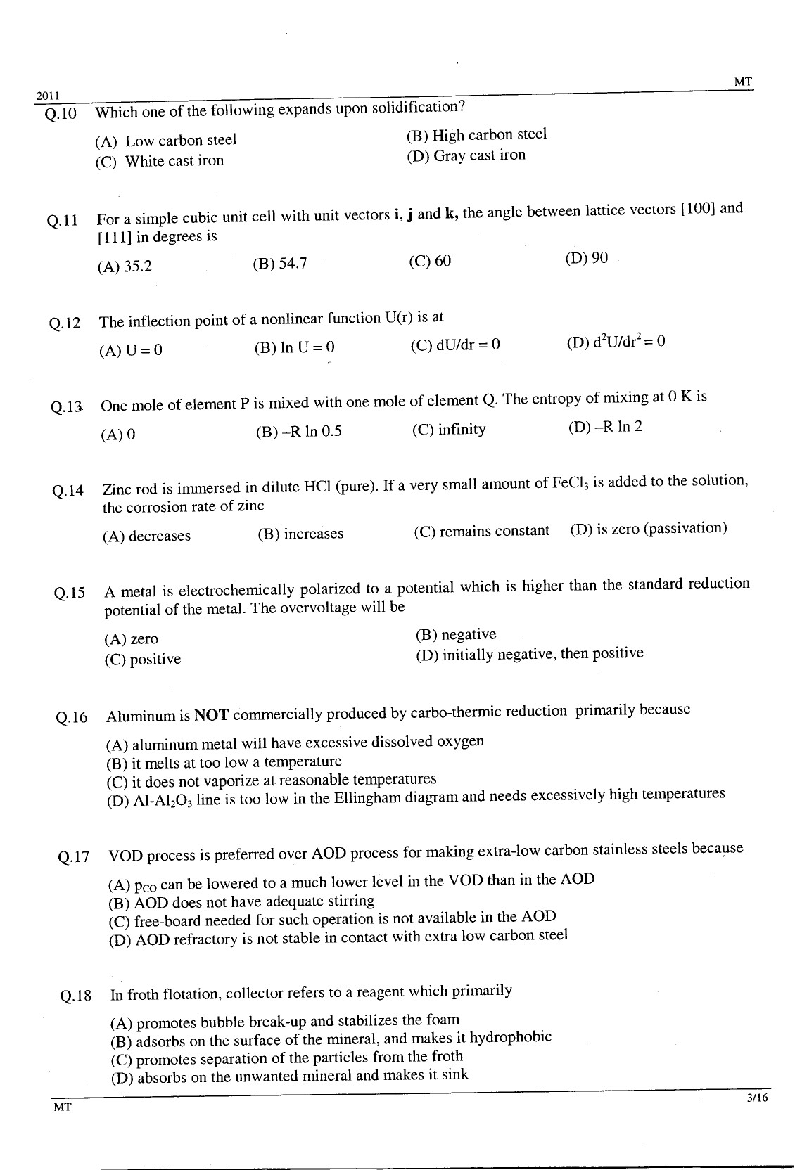 GATE Exam Question Paper 2011 Metallurgical Engineering 3