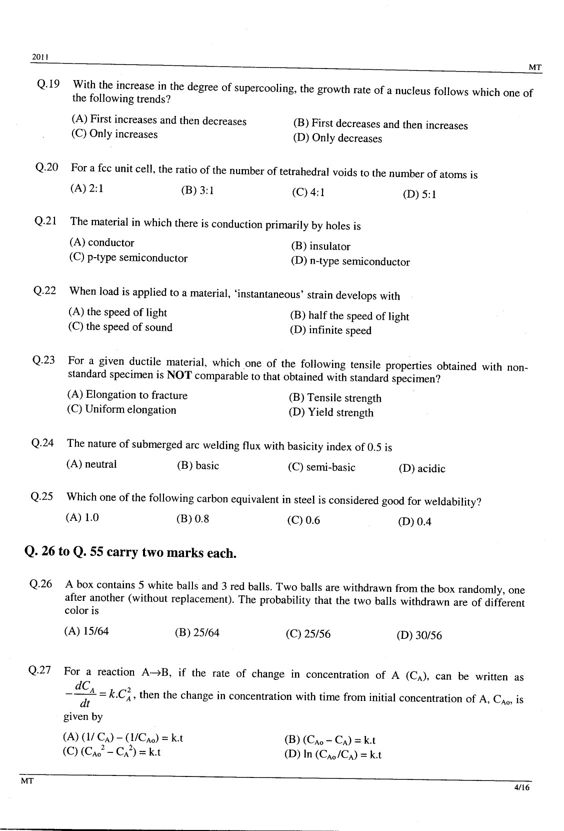GATE Exam Question Paper 2011 Metallurgical Engineering 4