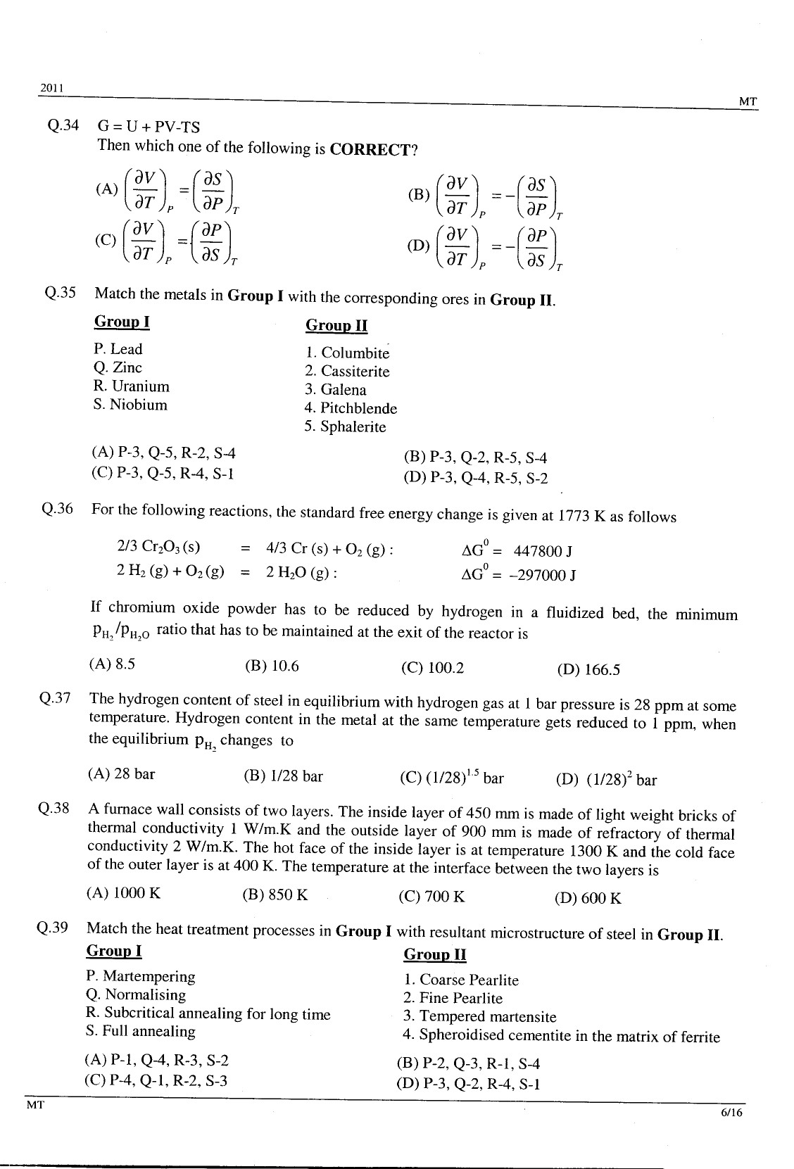 GATE Exam Question Paper 2011 Metallurgical Engineering 6