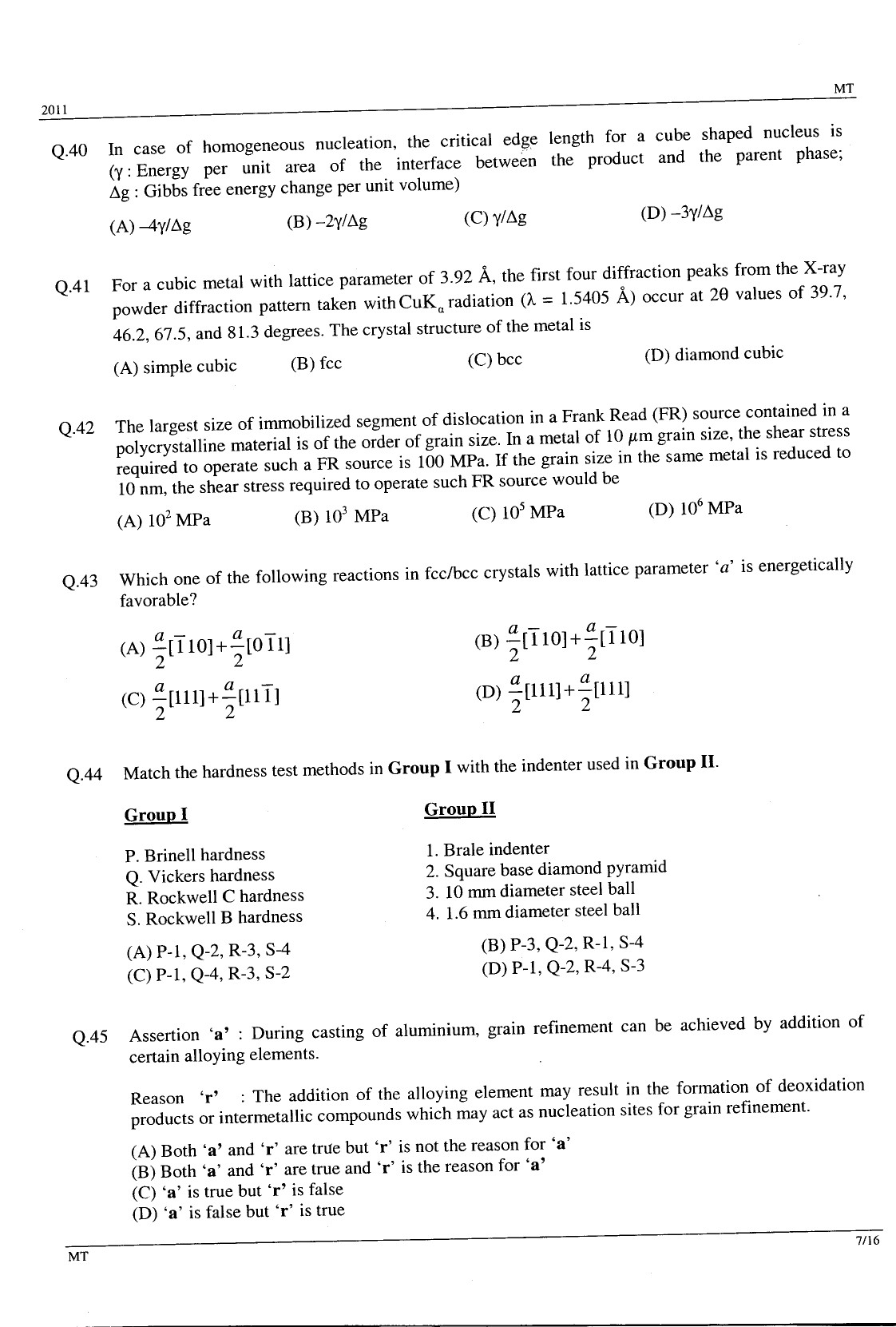 GATE Exam Question Paper 2011 Metallurgical Engineering 7