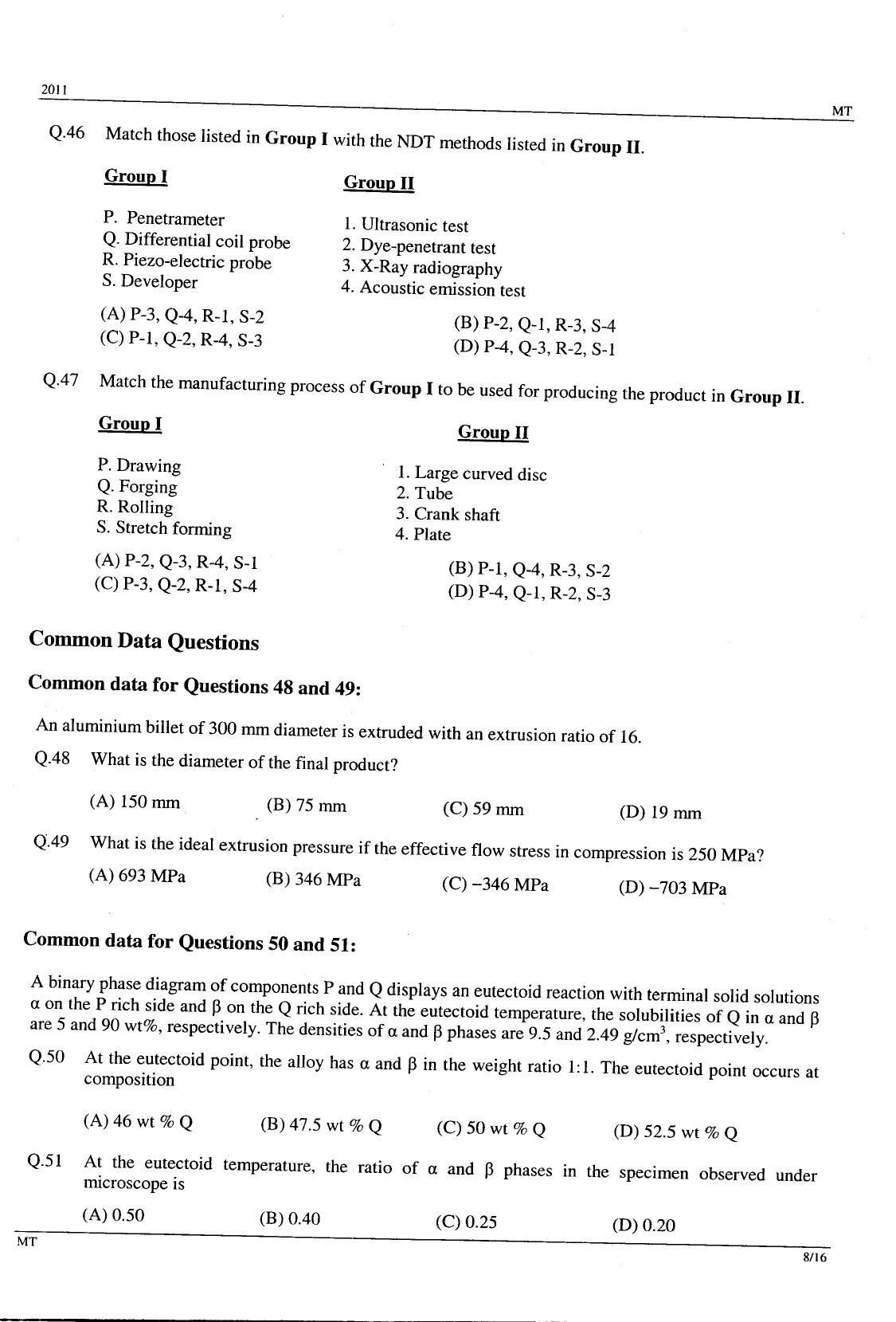 GATE Exam Question Paper 2011 Metallurgical Engineering 8