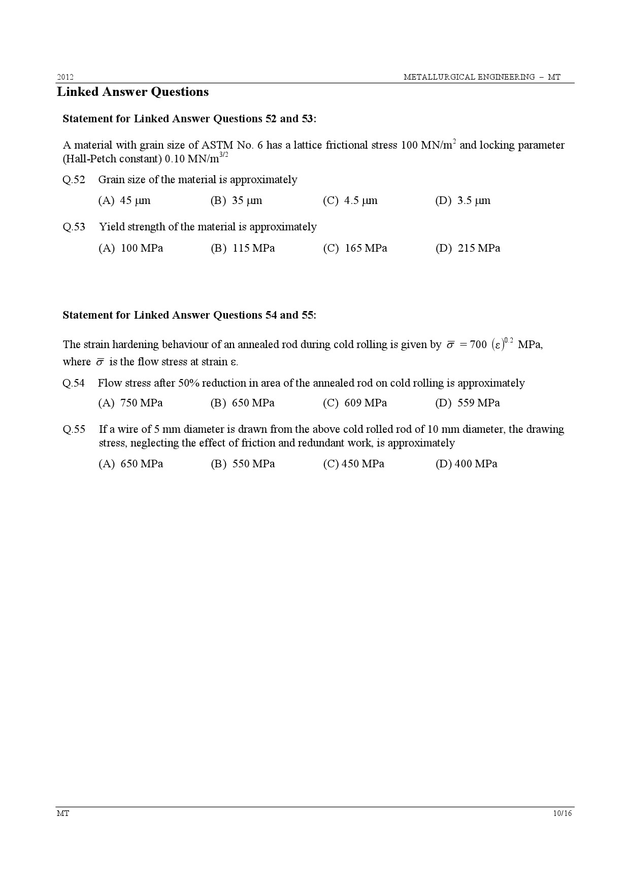GATE Exam Question Paper 2012 Metallurgical Engineering 10