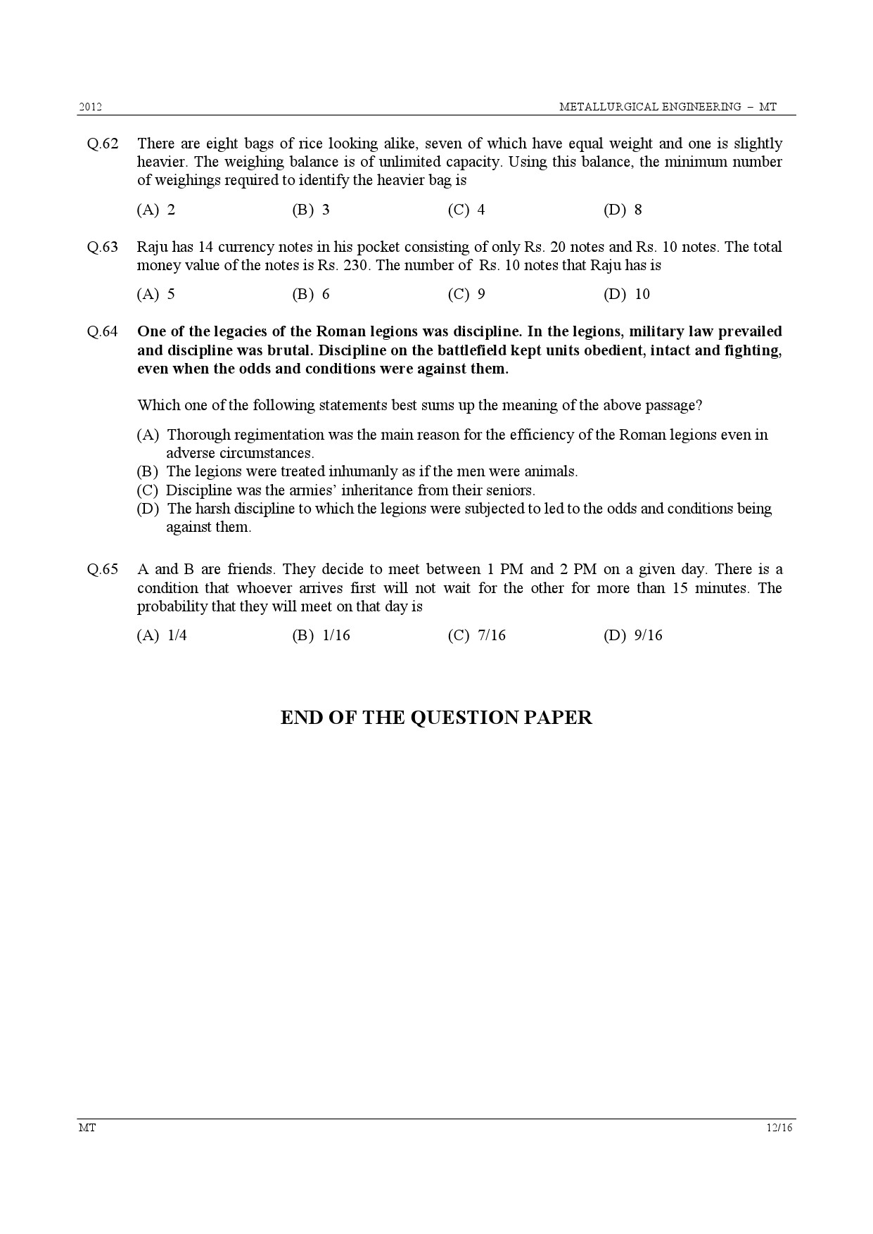 GATE Exam Question Paper 2012 Metallurgical Engineering 12