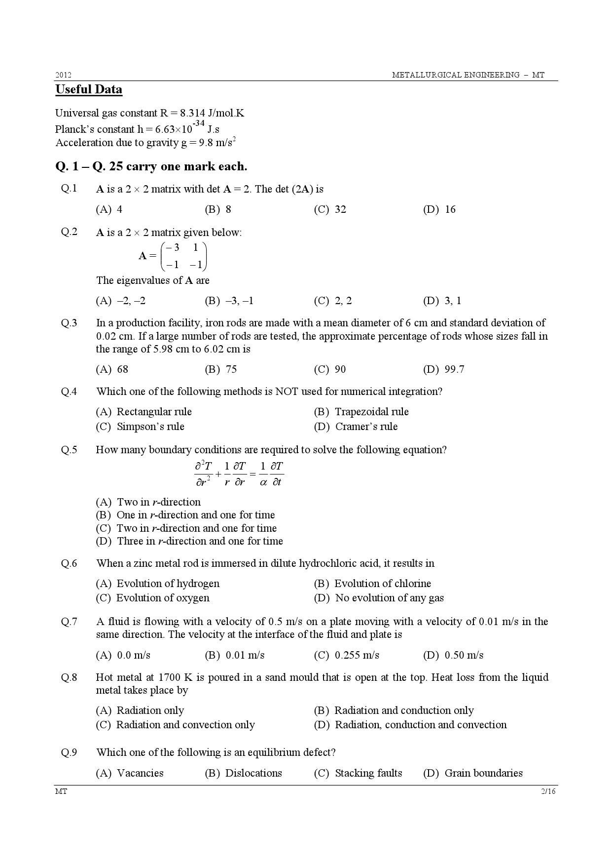GATE Exam Question Paper 2012 Metallurgical Engineering 2