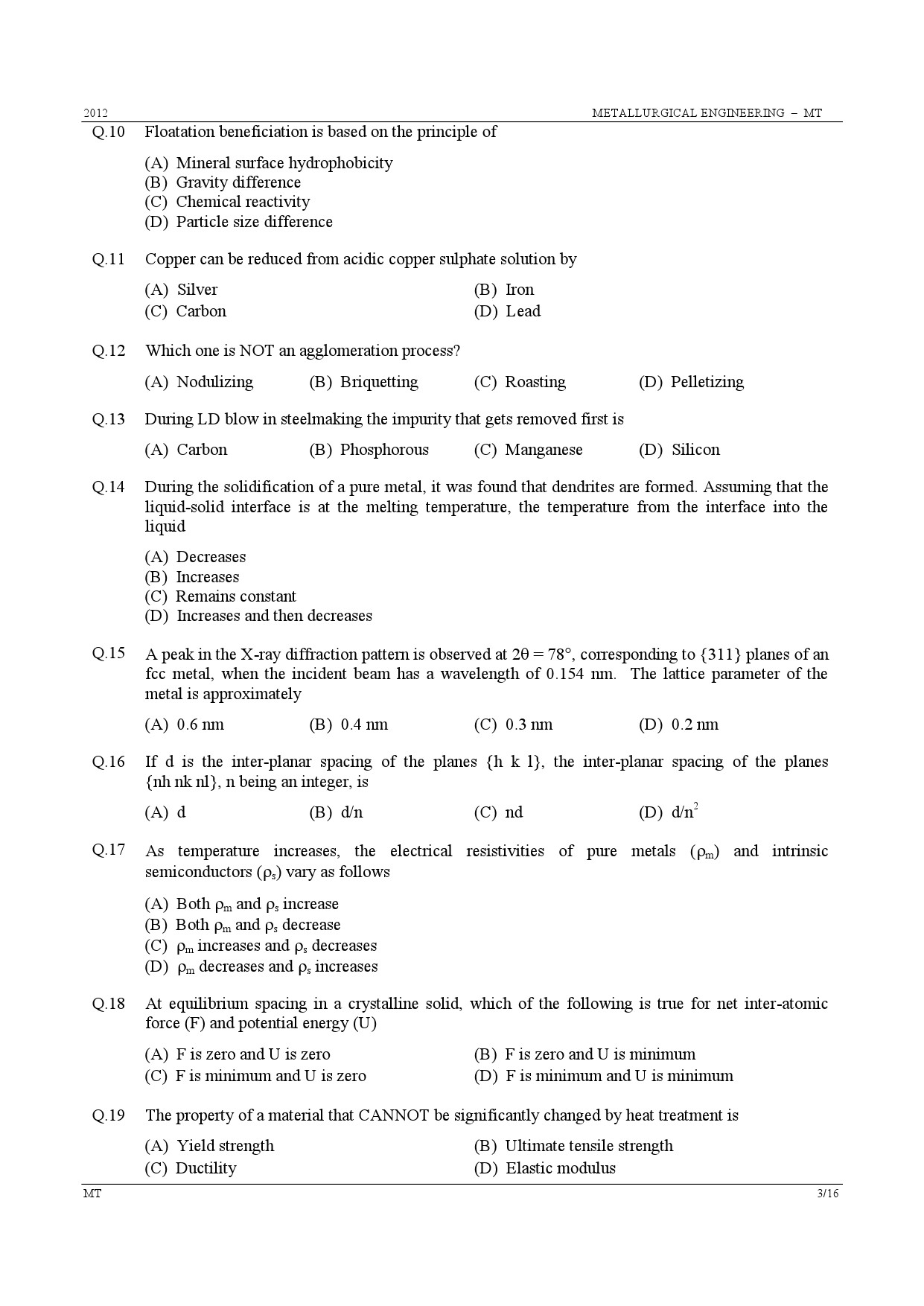GATE Exam Question Paper 2012 Metallurgical Engineering 3