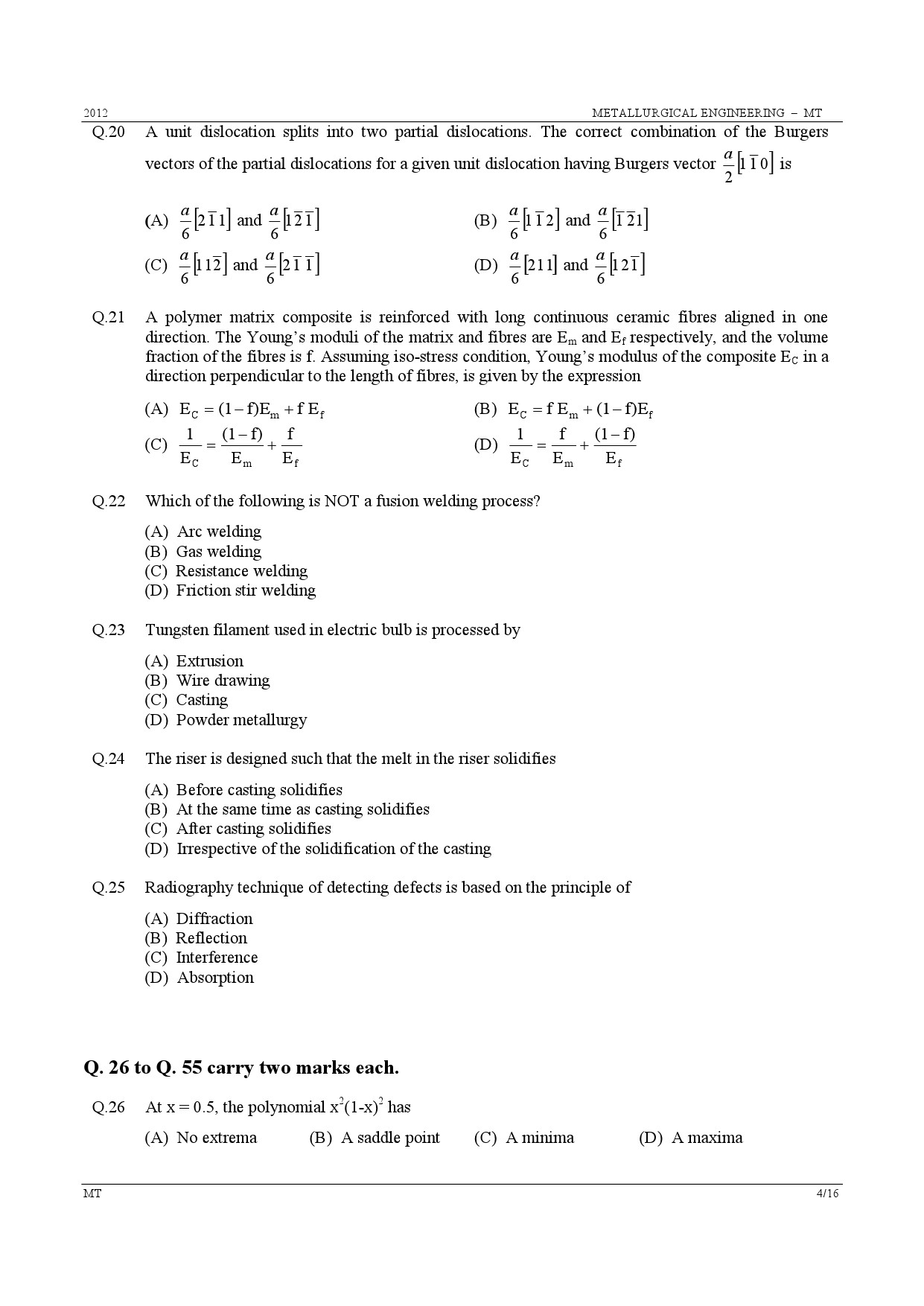 GATE Exam Question Paper 2012 Metallurgical Engineering 4