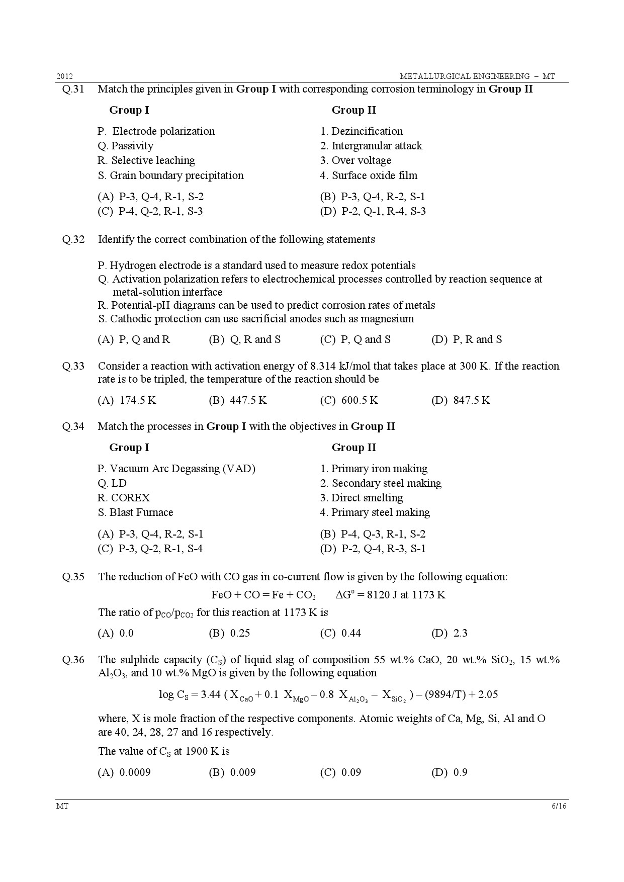 GATE Exam Question Paper 2012 Metallurgical Engineering 6