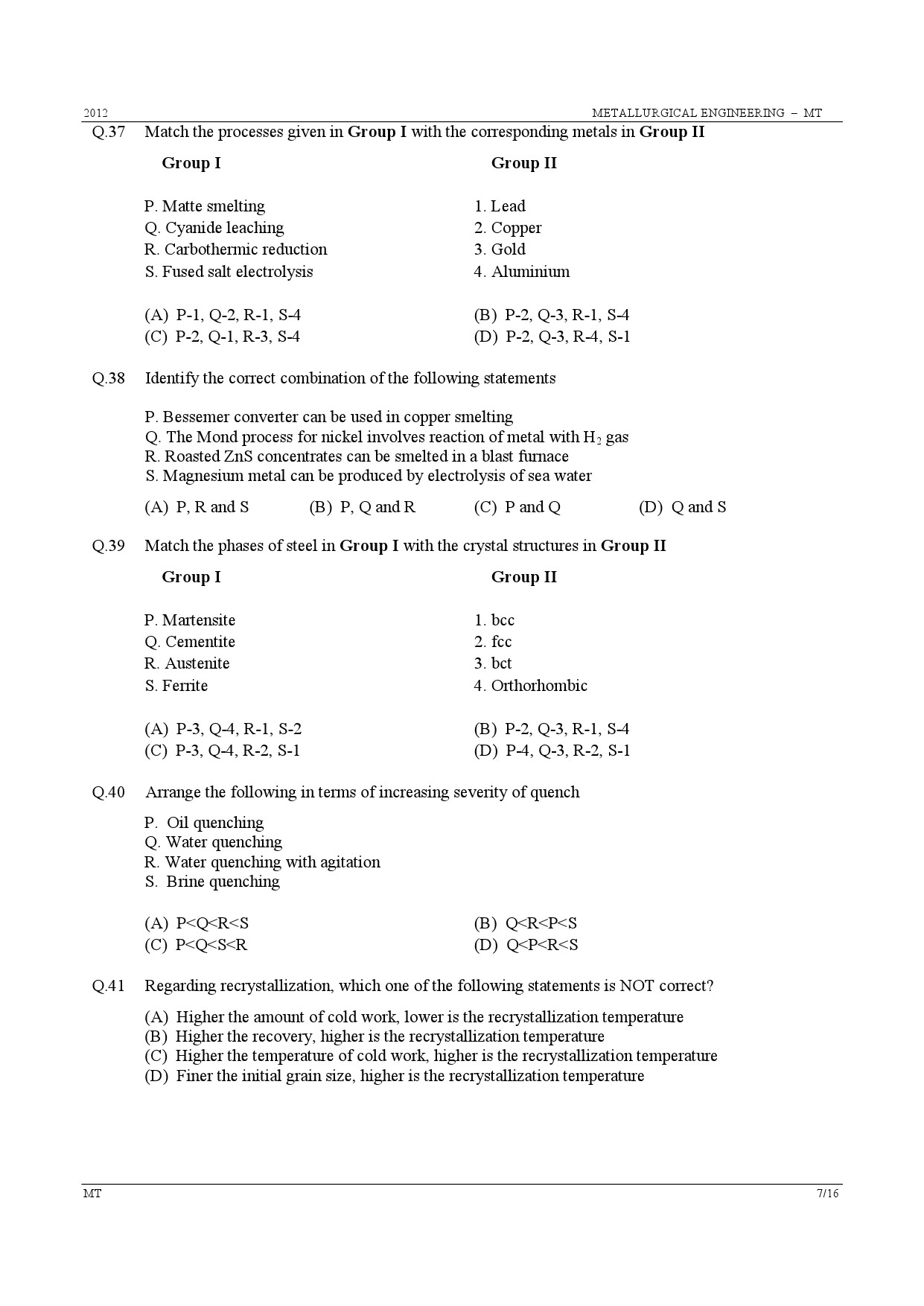 GATE Exam Question Paper 2012 Metallurgical Engineering 7