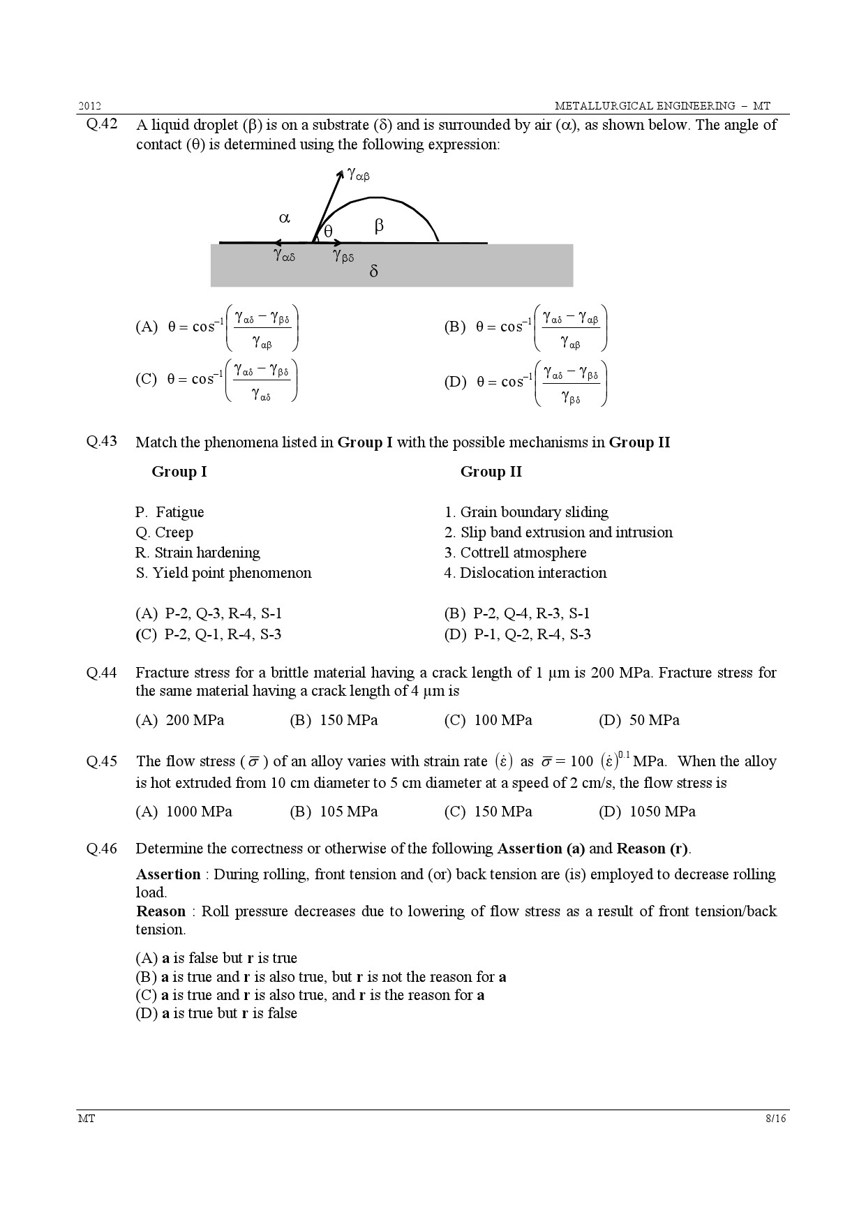 GATE Exam Question Paper 2012 Metallurgical Engineering 8
