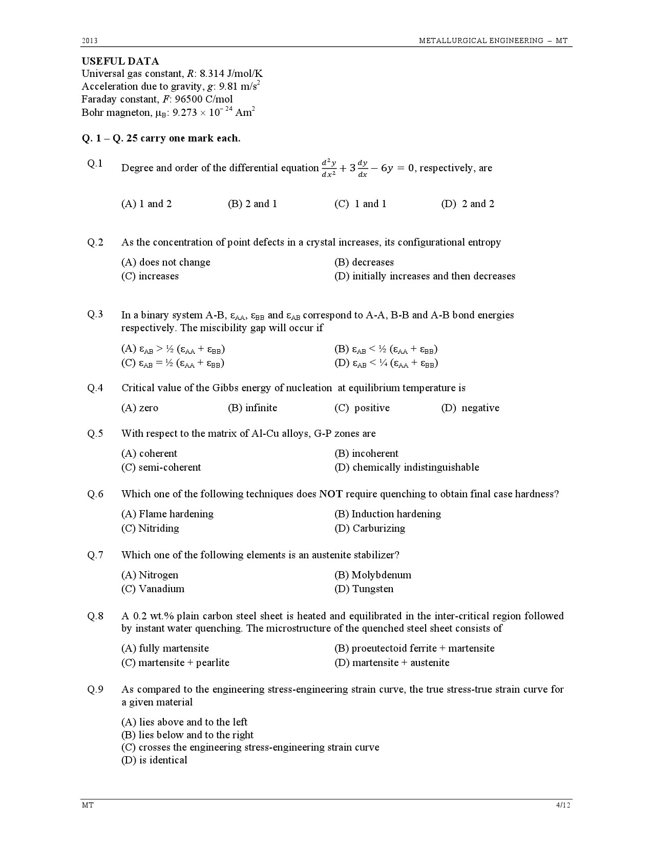 GATE Exam Question Paper 2013 Metallurgical Engineering 4