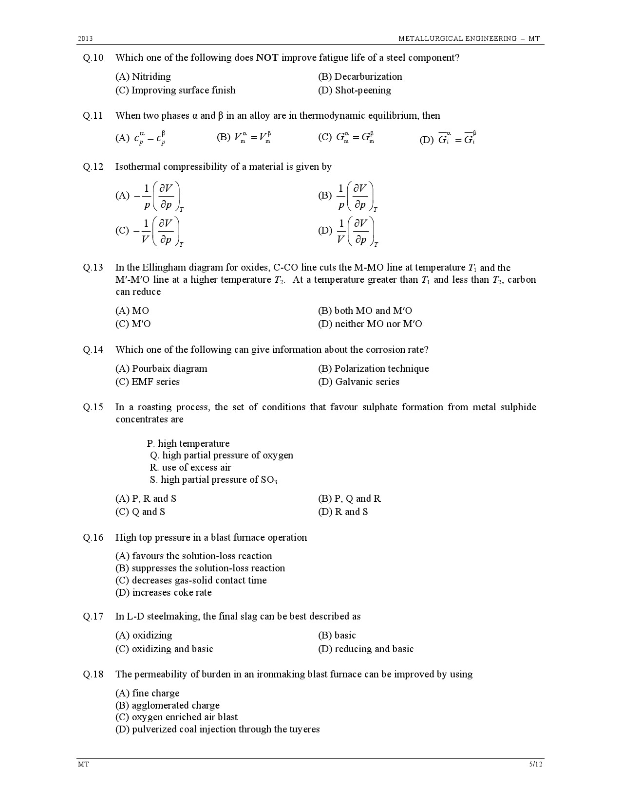 GATE Exam Question Paper 2013 Metallurgical Engineering 5