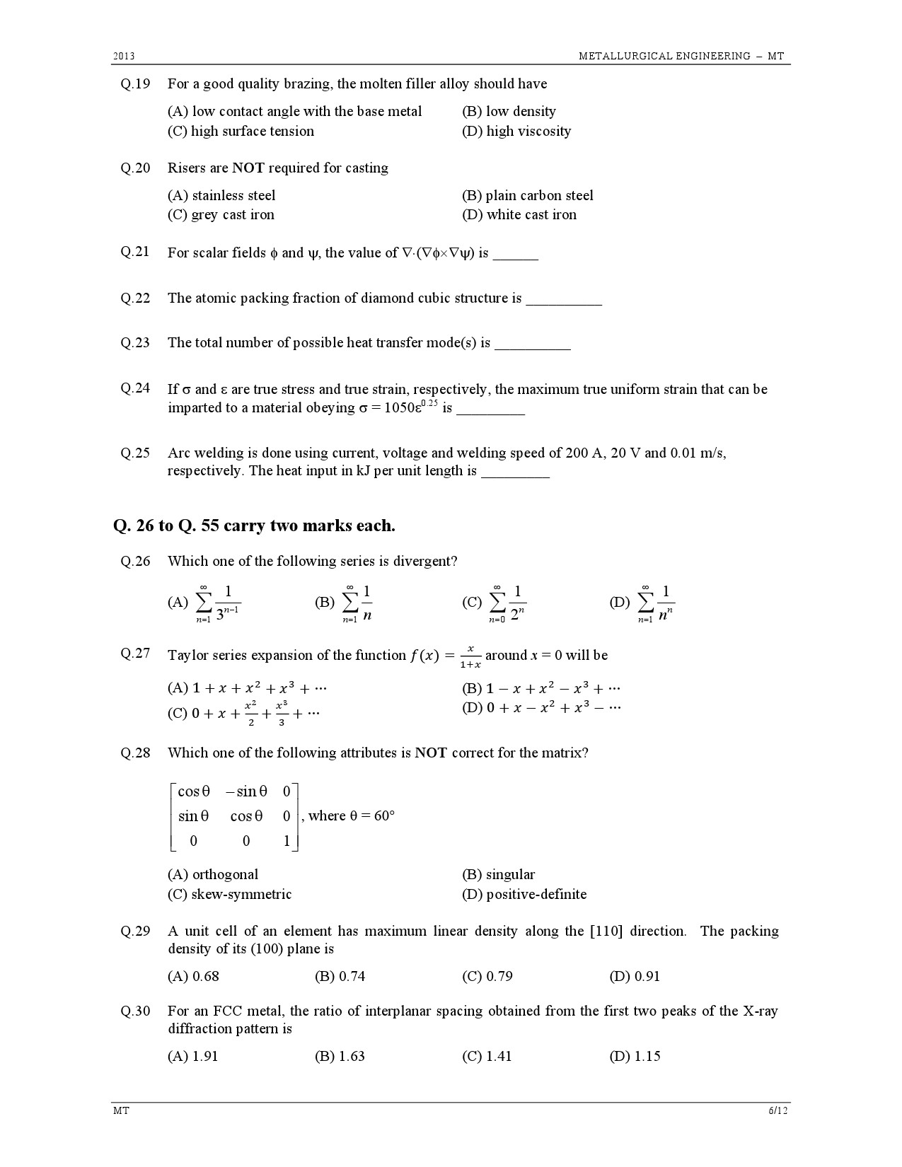 GATE Exam Question Paper 2013 Metallurgical Engineering 6