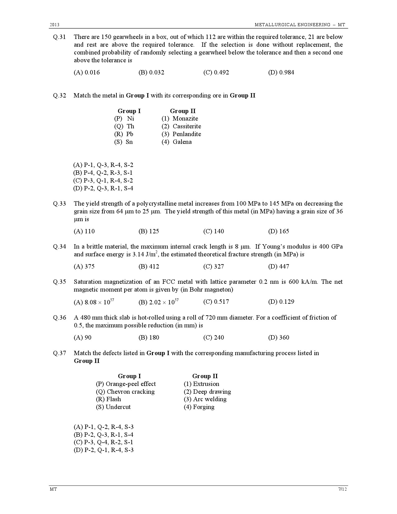 GATE Exam Question Paper 2013 Metallurgical Engineering 7