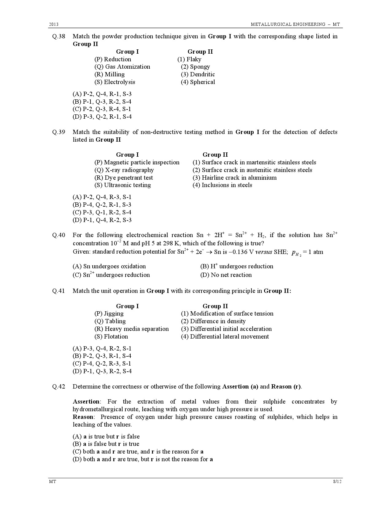 GATE Exam Question Paper 2013 Metallurgical Engineering 8