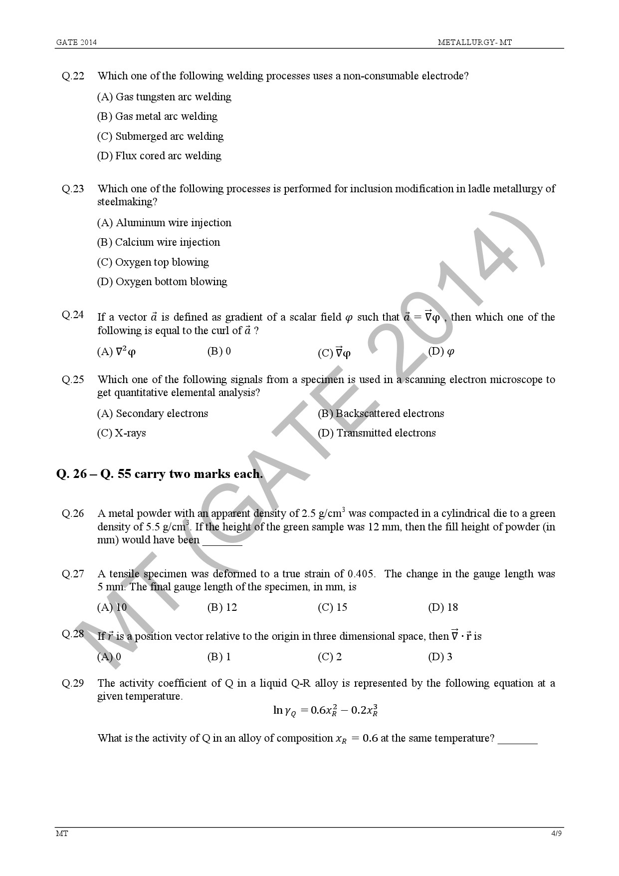 GATE Exam Question Paper 2014 Metallurgical Engineering 10