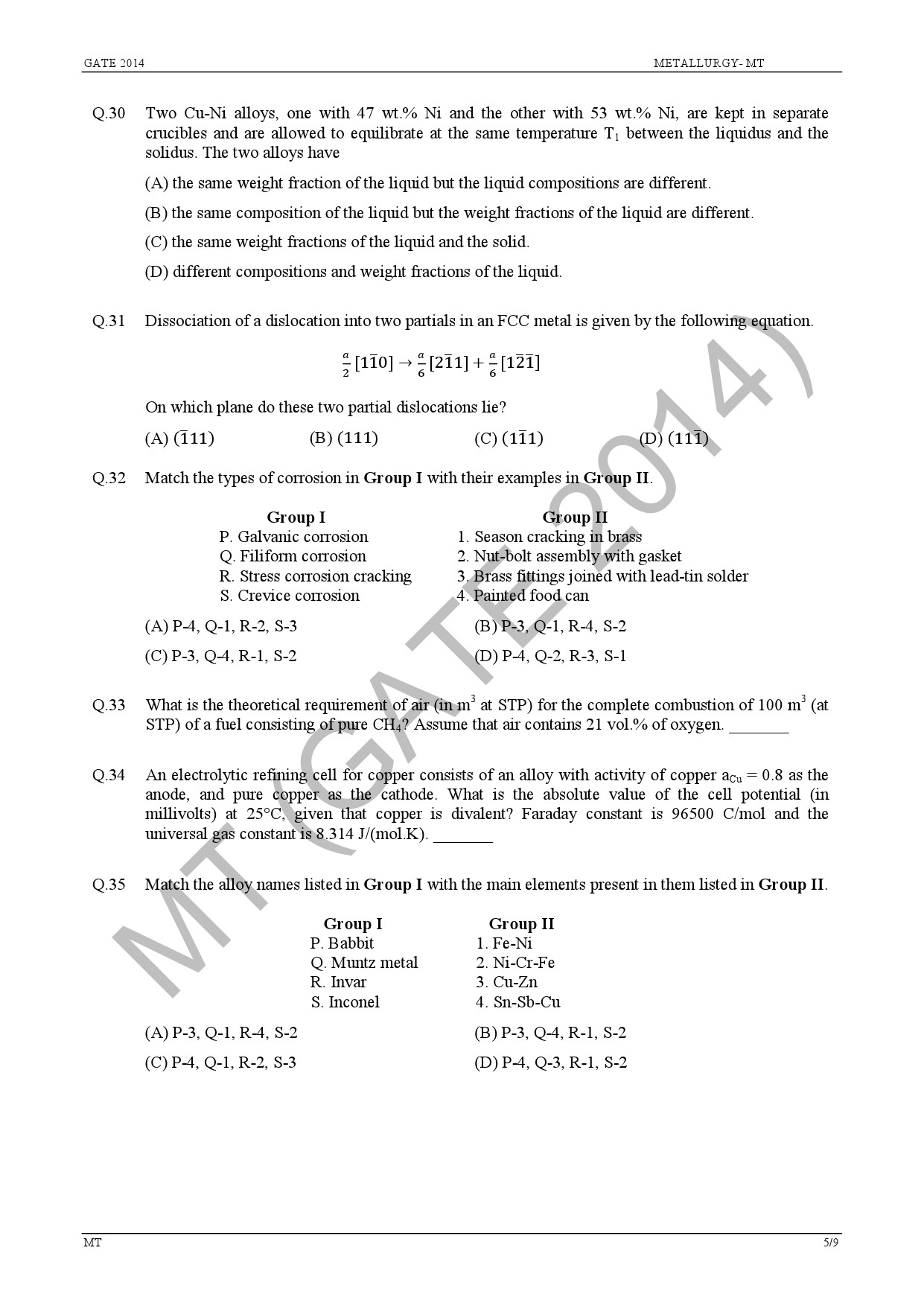 GATE Exam Question Paper 2014 Metallurgical Engineering 11
