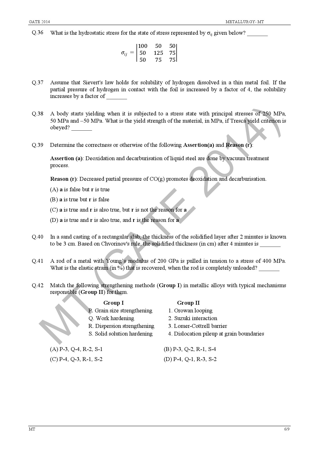 GATE Exam Question Paper 2014 Metallurgical Engineering 12