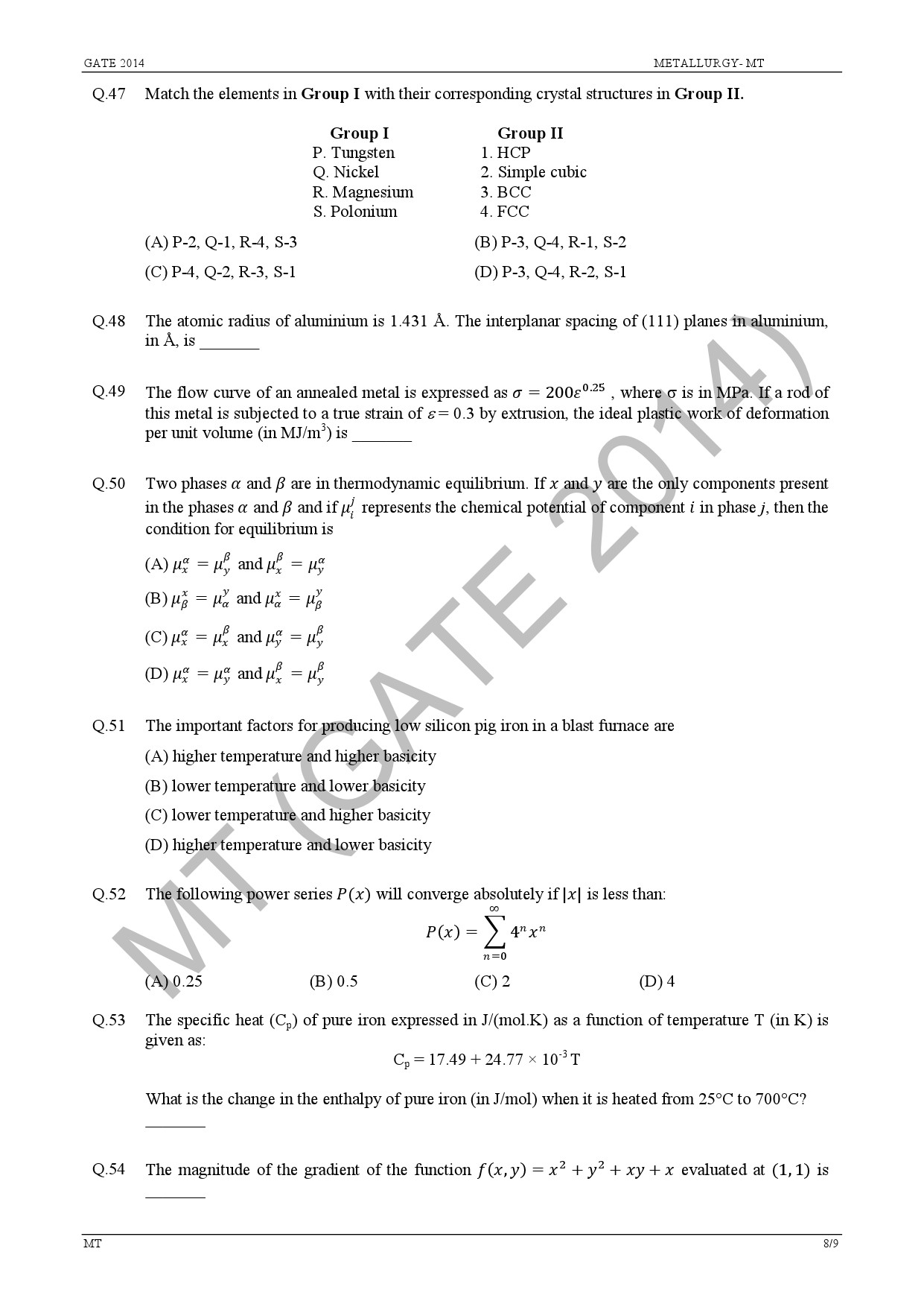 GATE Exam Question Paper 2014 Metallurgical Engineering 14