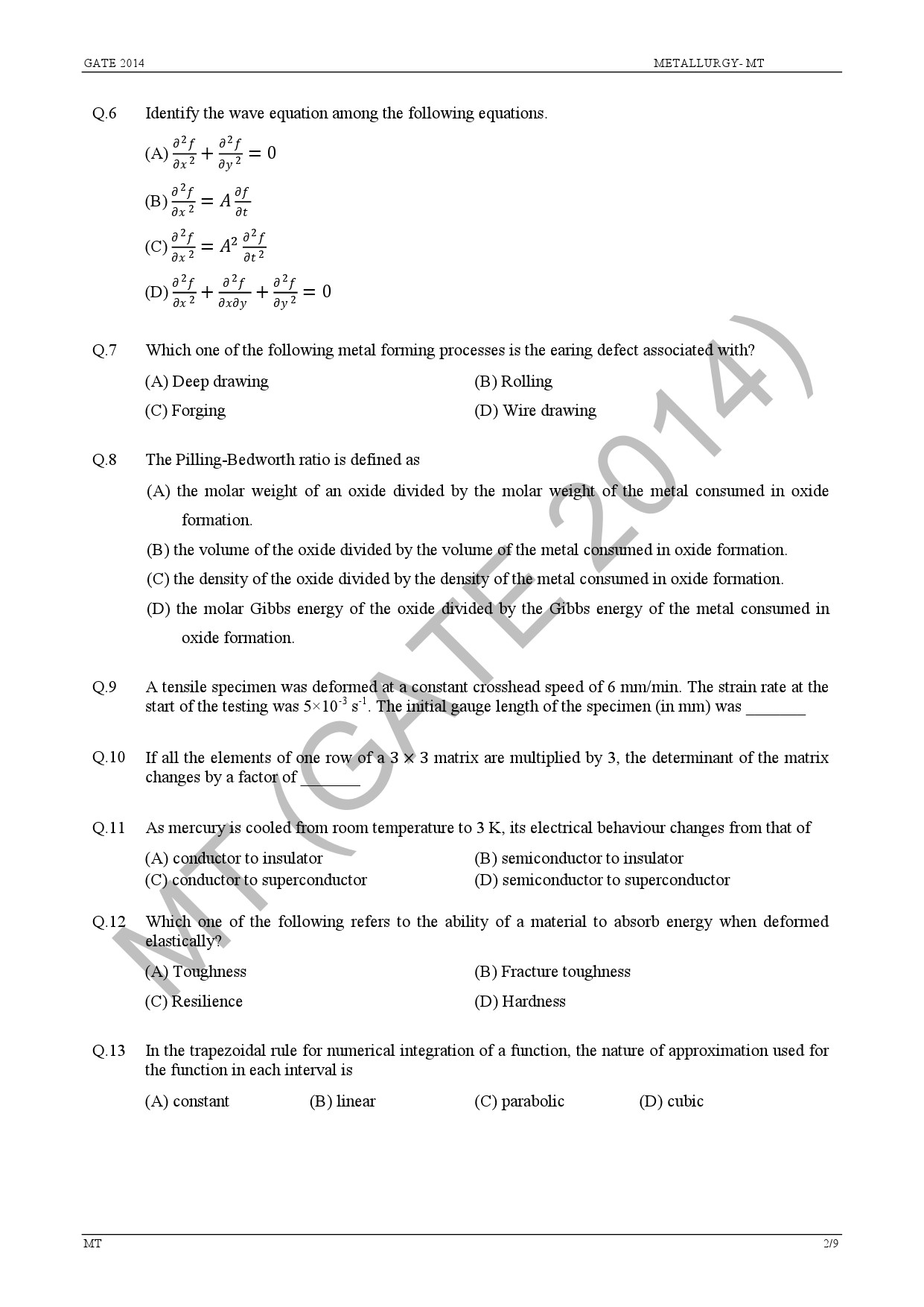 GATE Exam Question Paper 2014 Metallurgical Engineering 8