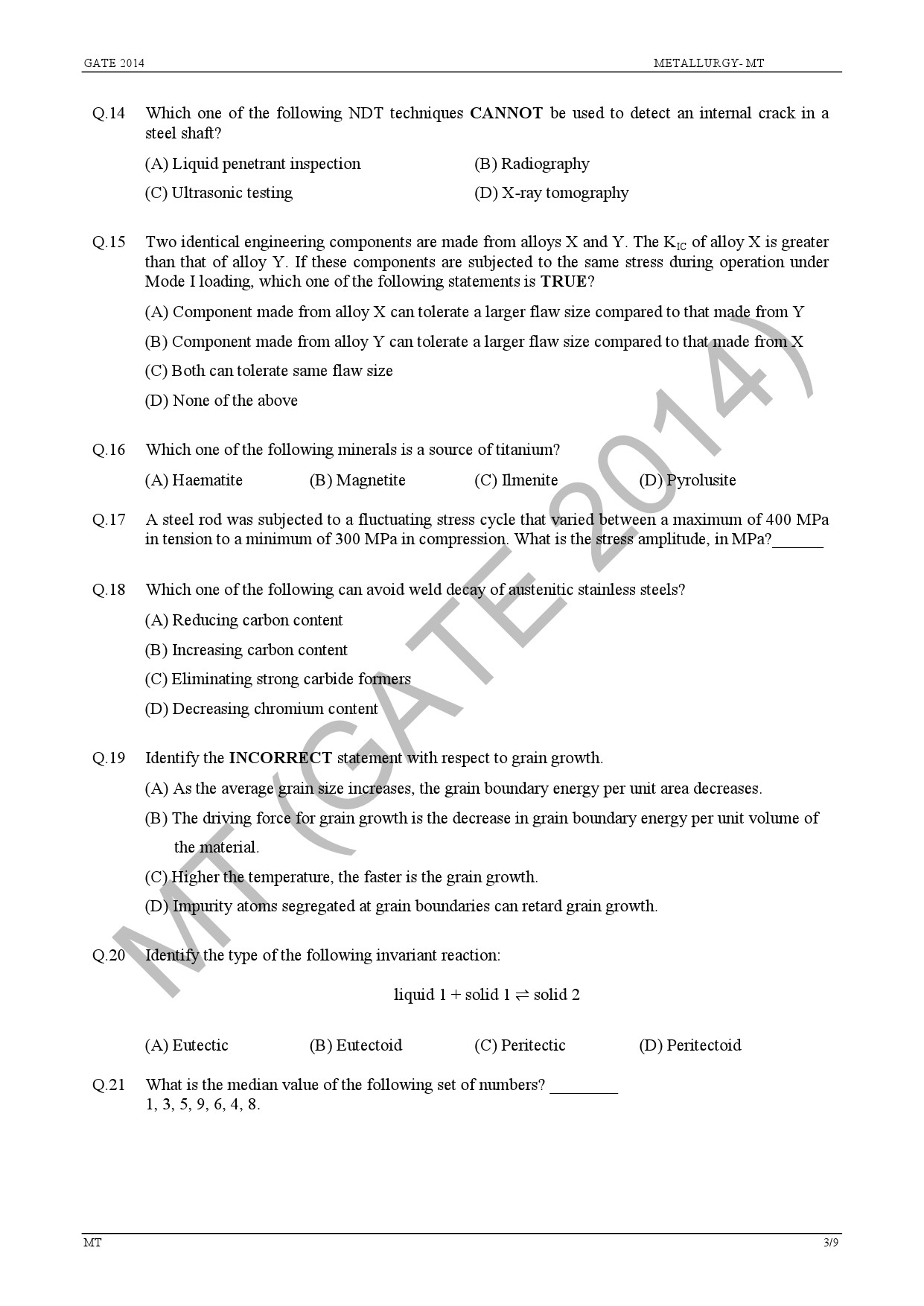 GATE Exam Question Paper 2014 Metallurgical Engineering 9