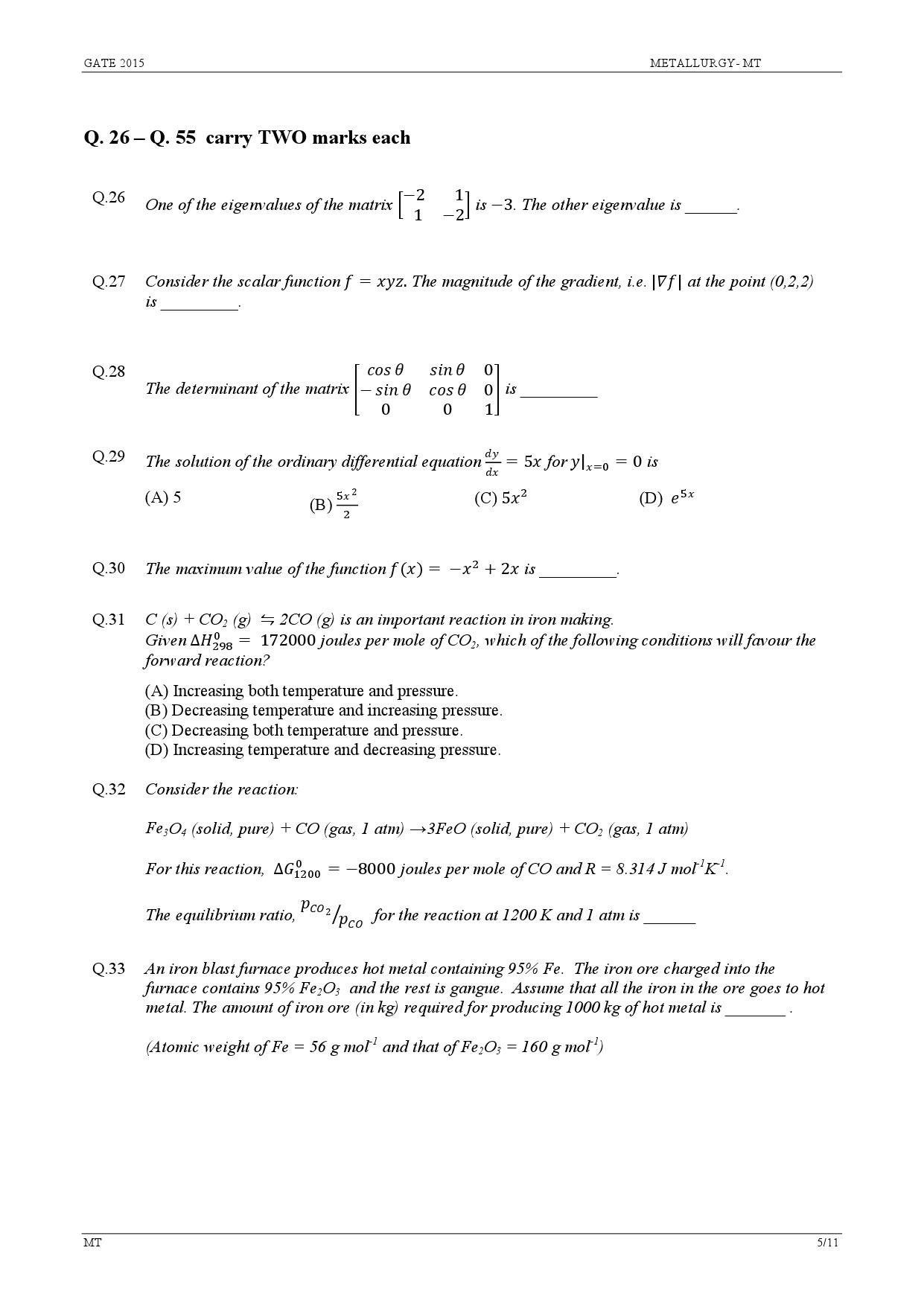 GATE Exam Question Paper 2015 Metallurgical Engineering 5