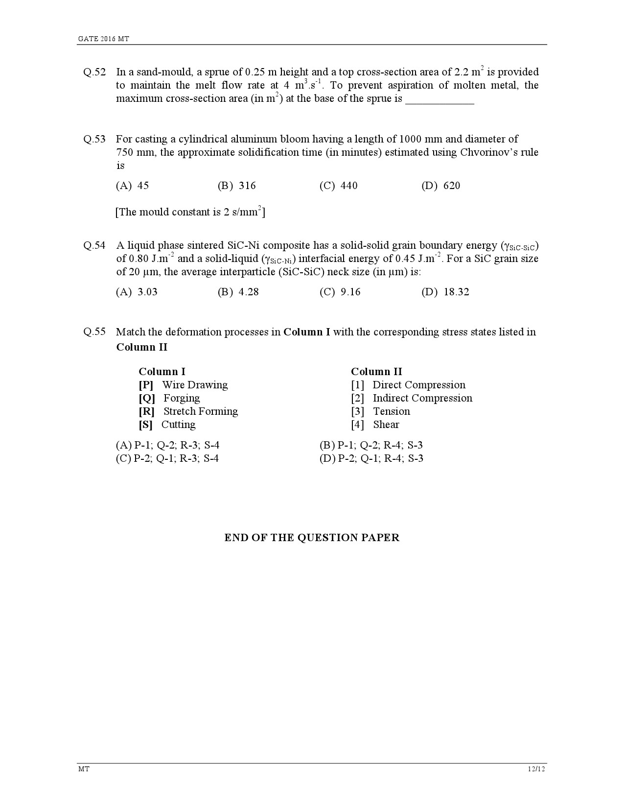 GATE Exam Question Paper 2016 Metallurgical Engineering 15
