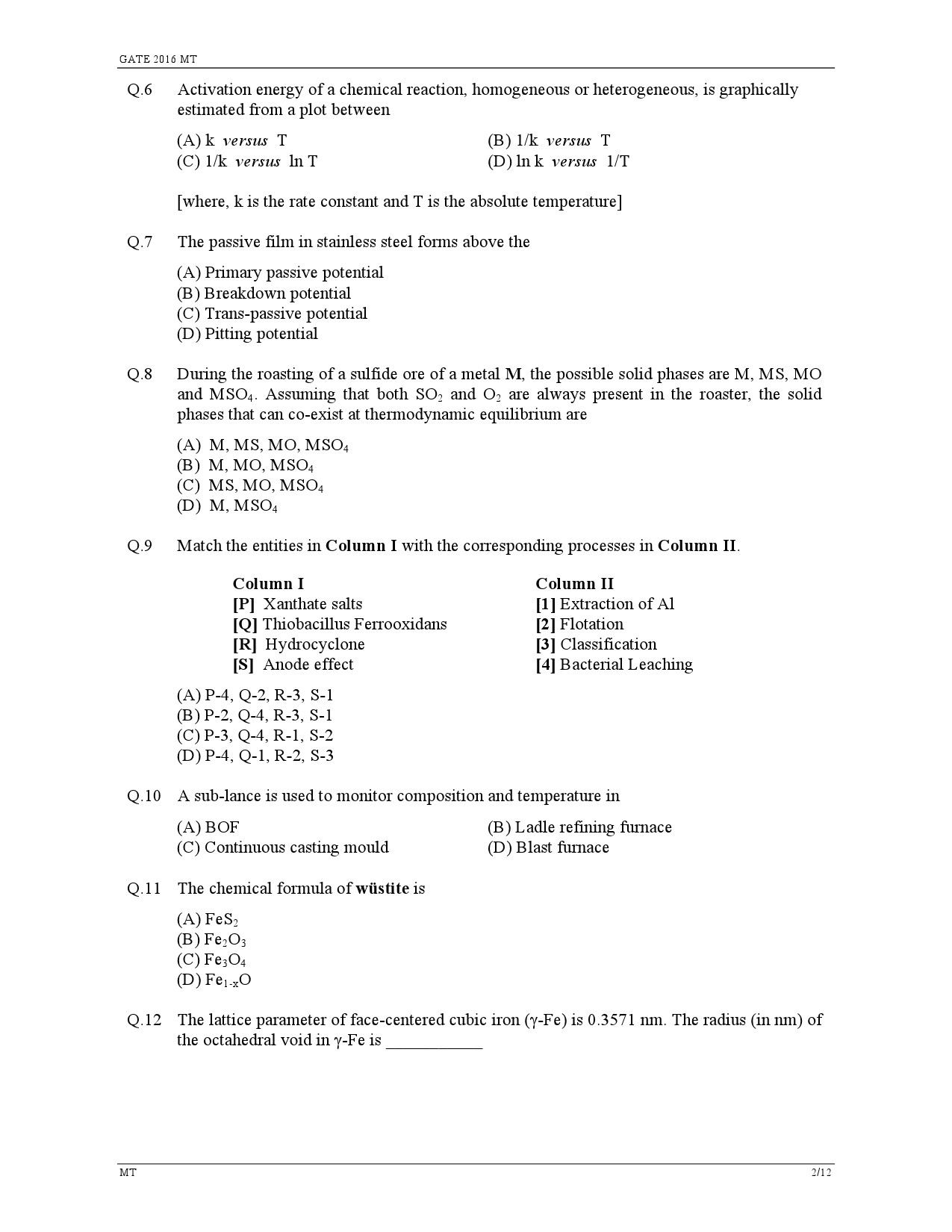 GATE Exam Question Paper 2016 Metallurgical Engineering 5