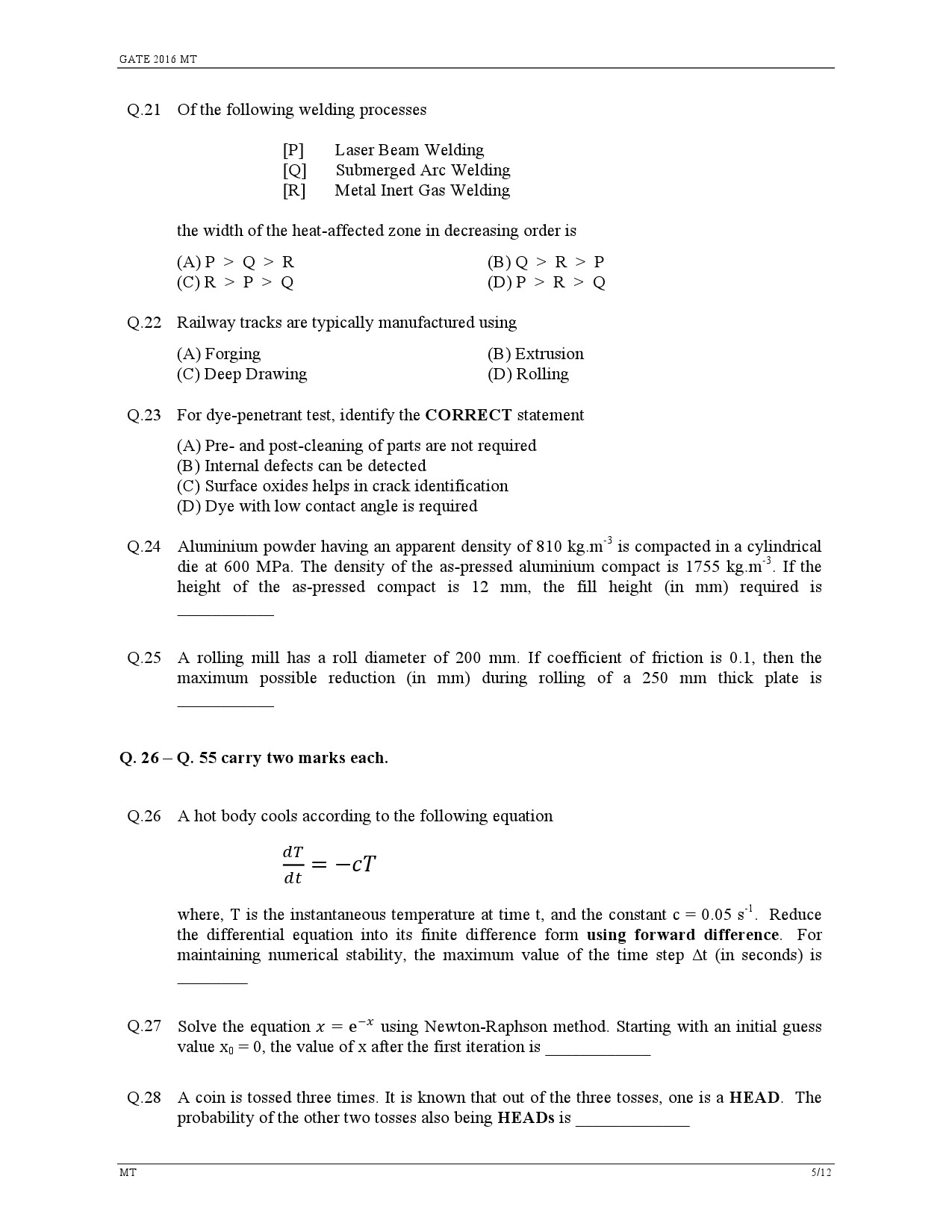 GATE Exam Question Paper 2016 Metallurgical Engineering 8