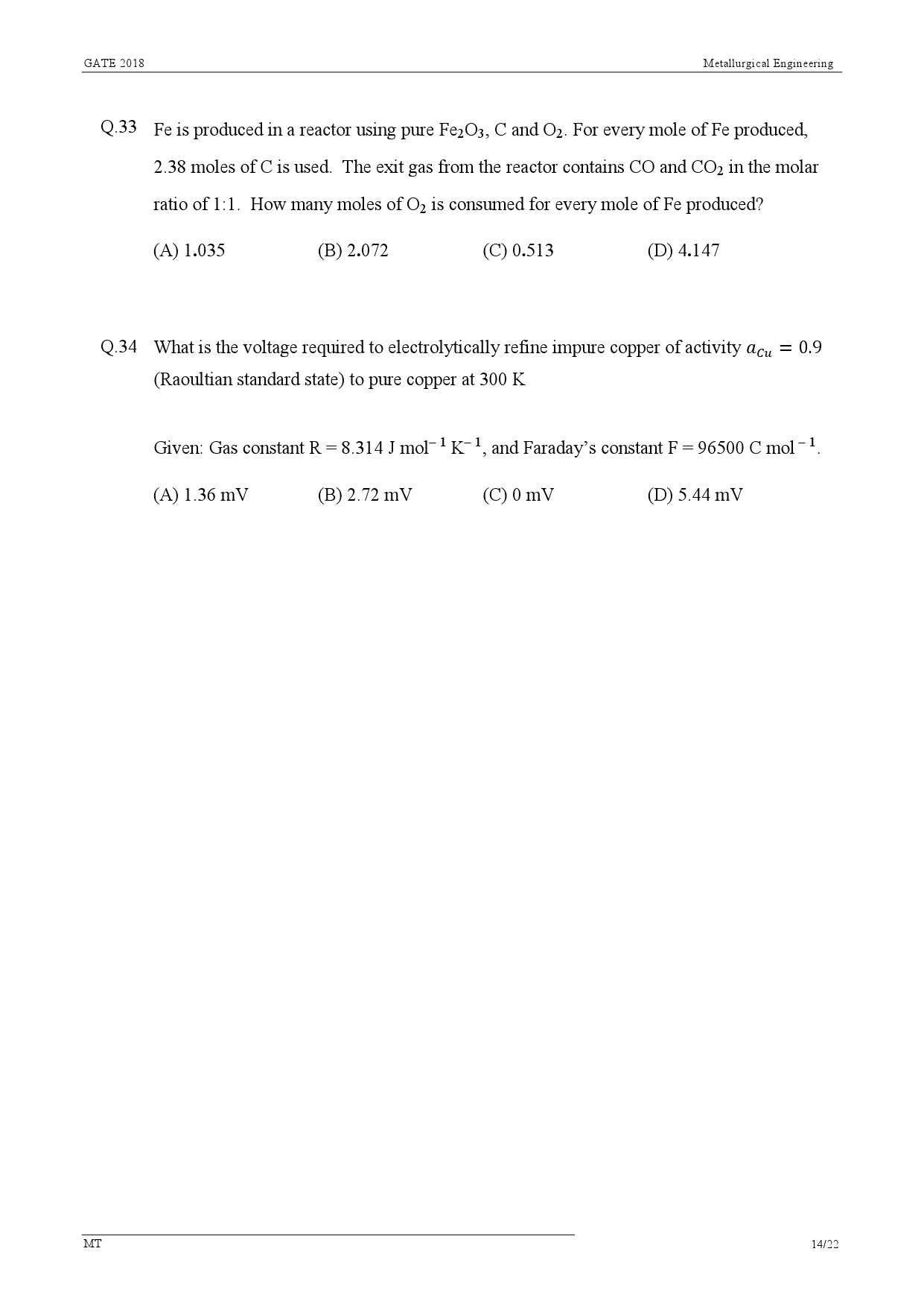 GATE Exam Question Paper 2018 Metallurgical Engineering 16