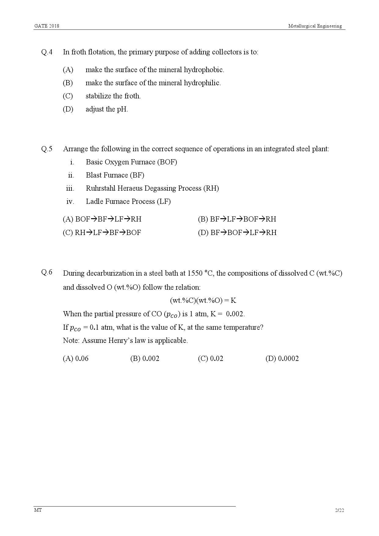 GATE Exam Question Paper 2018 Metallurgical Engineering 4