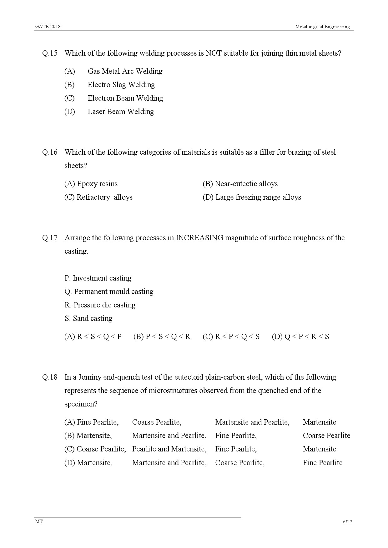 GATE Exam Question Paper 2018 Metallurgical Engineering 8