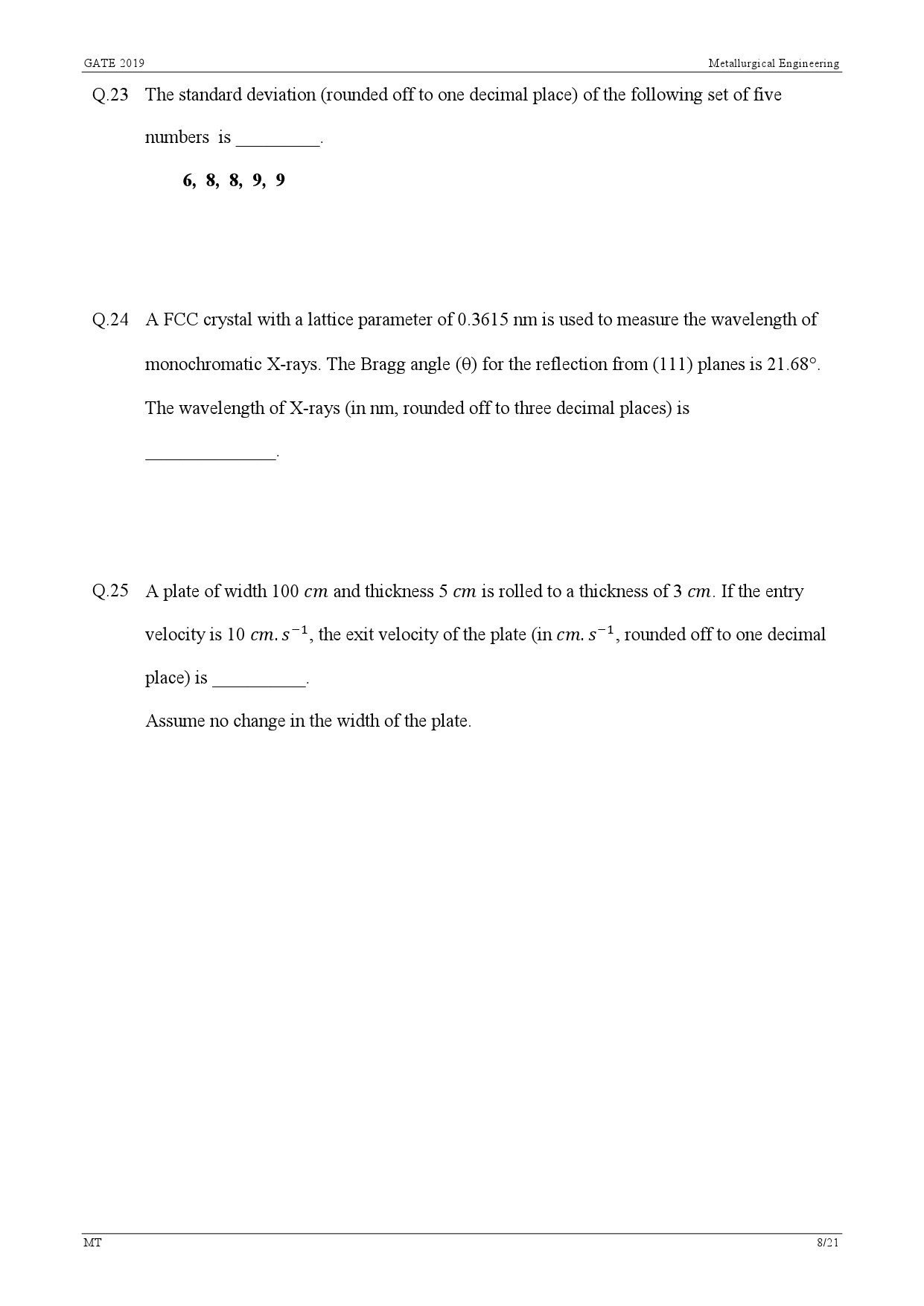 GATE Exam Question Paper 2019 Metallurgical Engineering 11