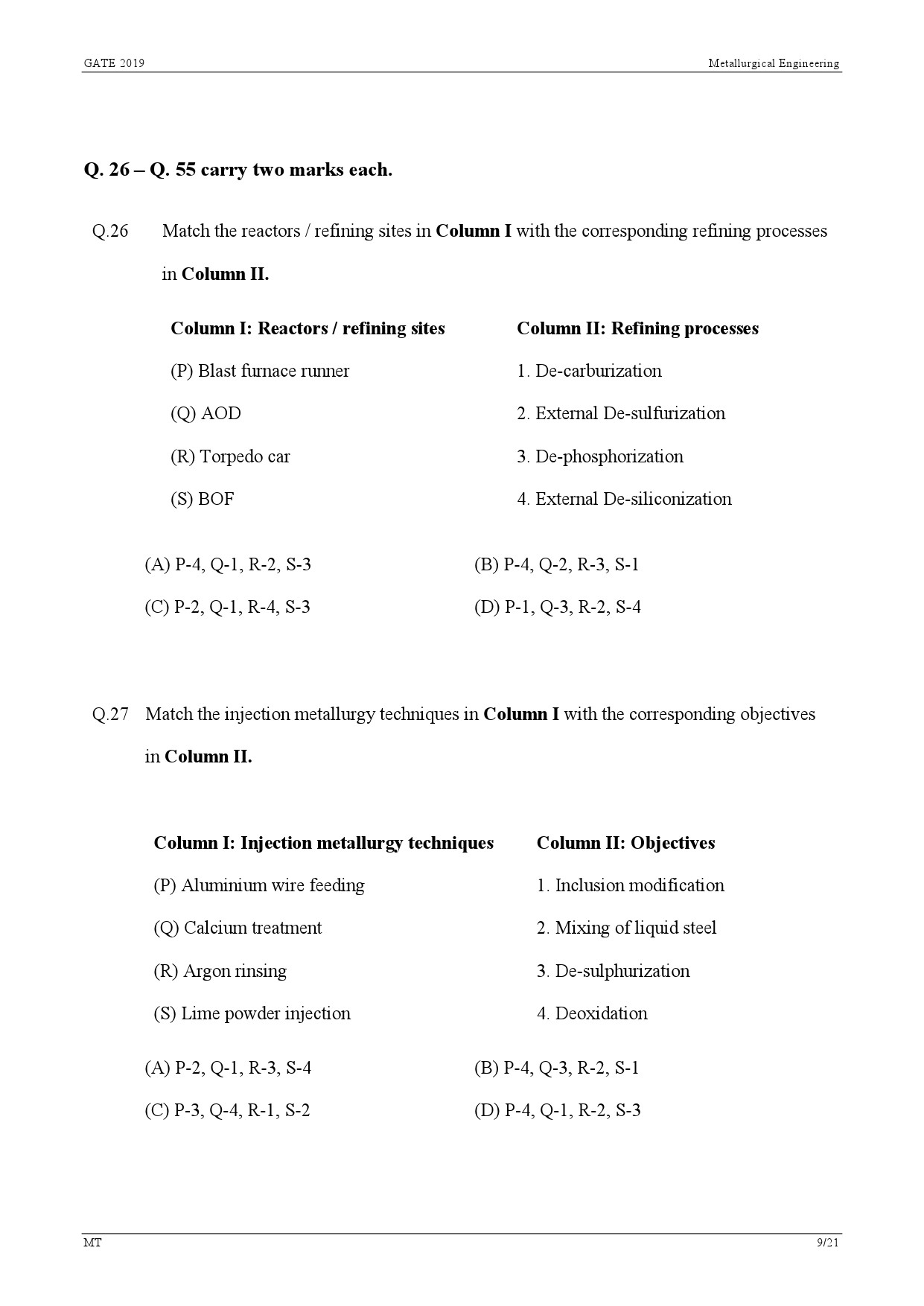 GATE Exam Question Paper 2019 Metallurgical Engineering 12