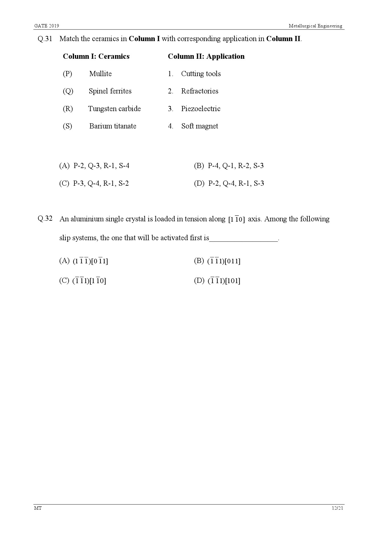 GATE Exam Question Paper 2019 Metallurgical Engineering 15